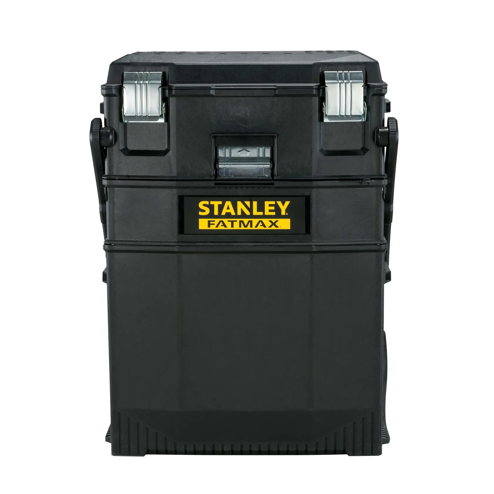 Vista frontal de la caja de herramientas Stanley FATMAX negra con ruedas, cierres metálicos y logo amarillo sobre fondo blanco