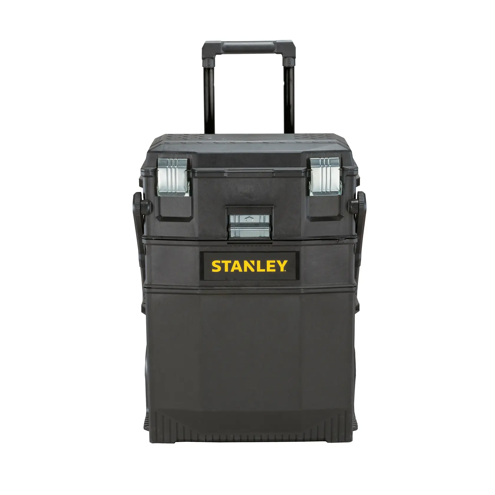 Caja de herramientas rodante Stanley con asa telescópica, plástico negro, ángulo frontal, pestillos metálicos plateados, logo FATMAX