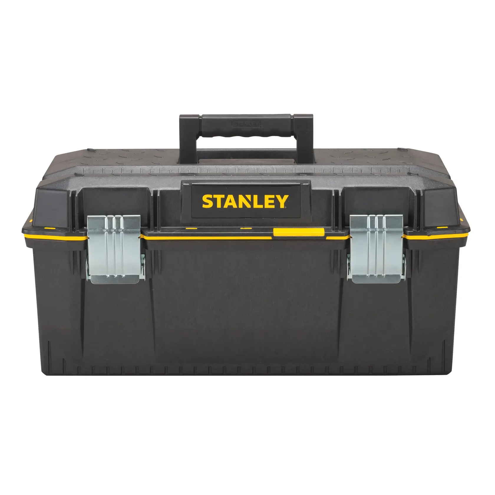 Vista frontal de la caja de herramientas negra STANLEY FATMAX con detalles amarillos, cierres metálicos y asa resistente sobre fondo blanco