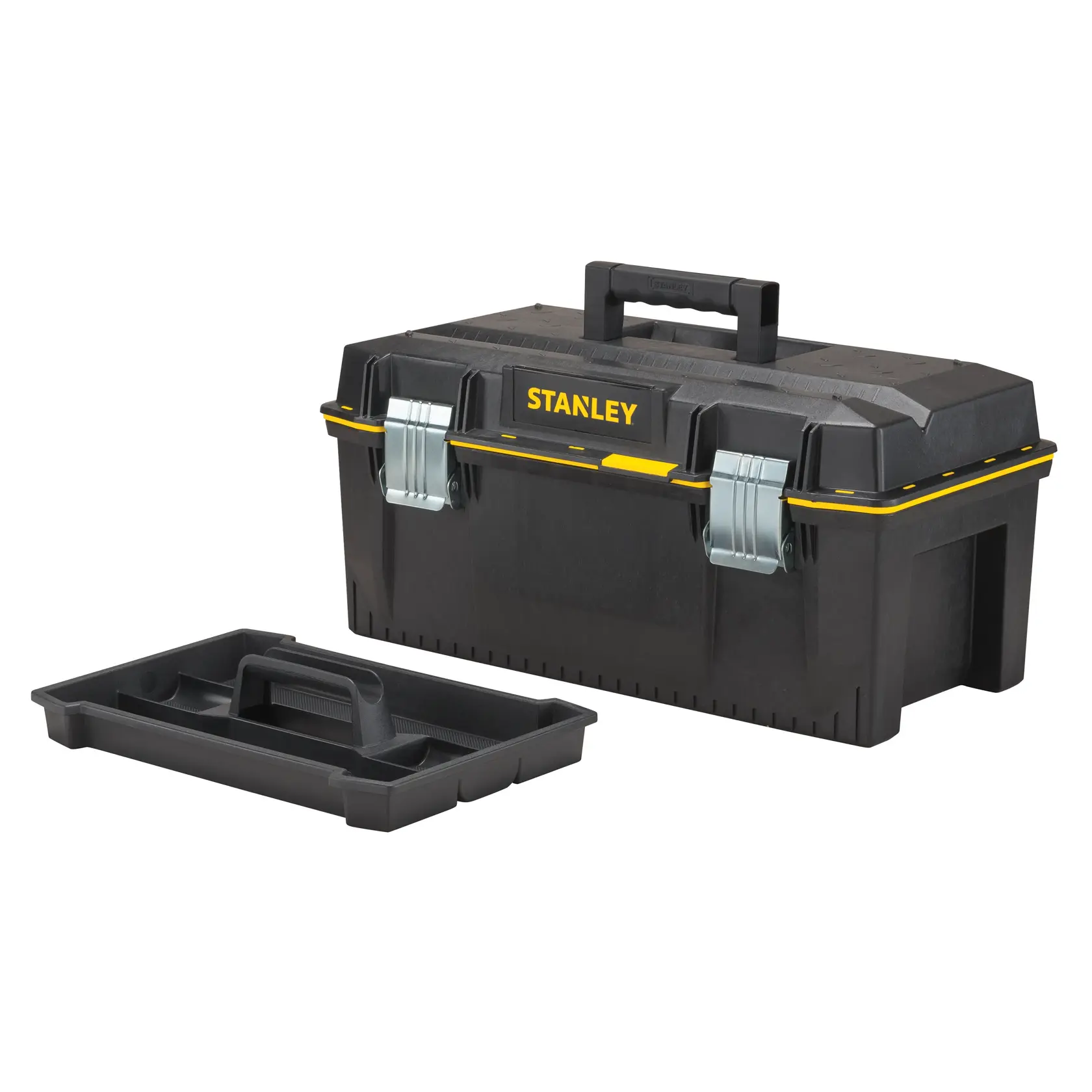 Stanley FATMAX caja de herramientas negra con detalles amarillos, cierres metálicos, asa y bandeja extraíble, ángulo frontal.