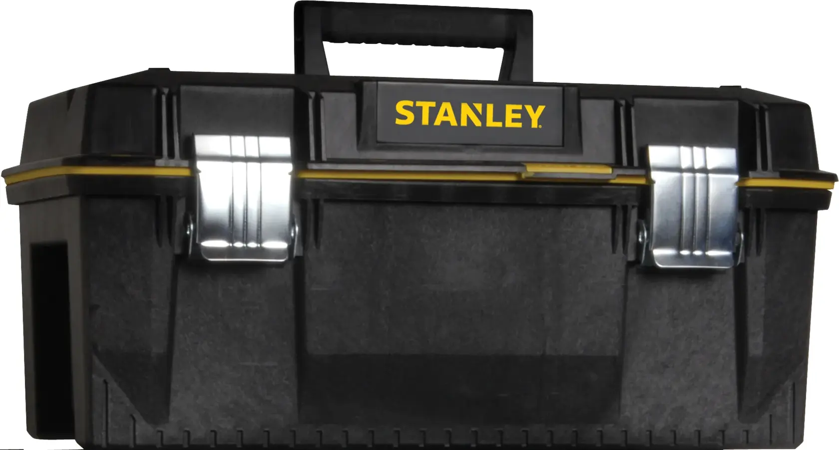 Fotografía de caja de herramientas negra STANLEY 023001W con detalles amarillos, cierres metálicos y asa superior, vista frontal.