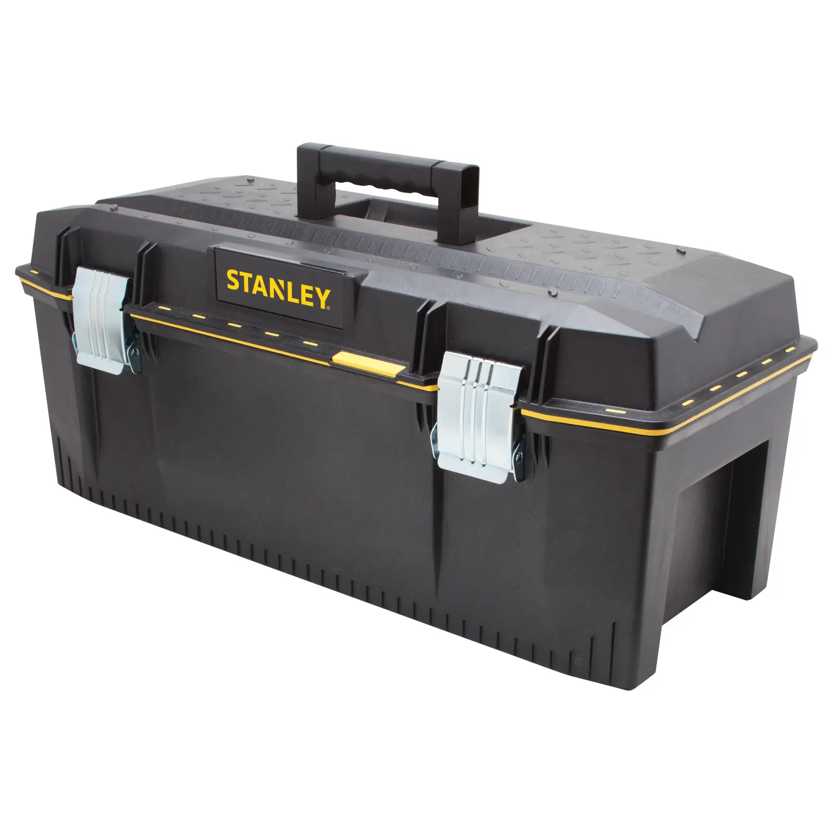 Caja de herramientas de plástico negro Stanley FATMAX con detalles amarillos, cierres metálicos y asa superior, vista frontal sobre fondo blanco.