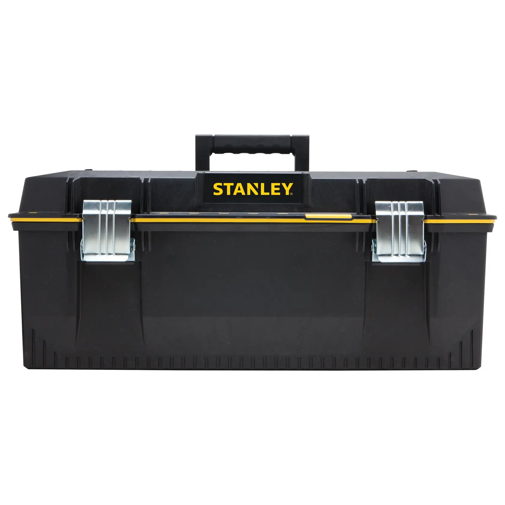 Vista frontal de la caja de herramientas de plástico negra STANLEY FATMAX con pestillos metálicos, asa y detalles amarillos sobre fondo blanco.