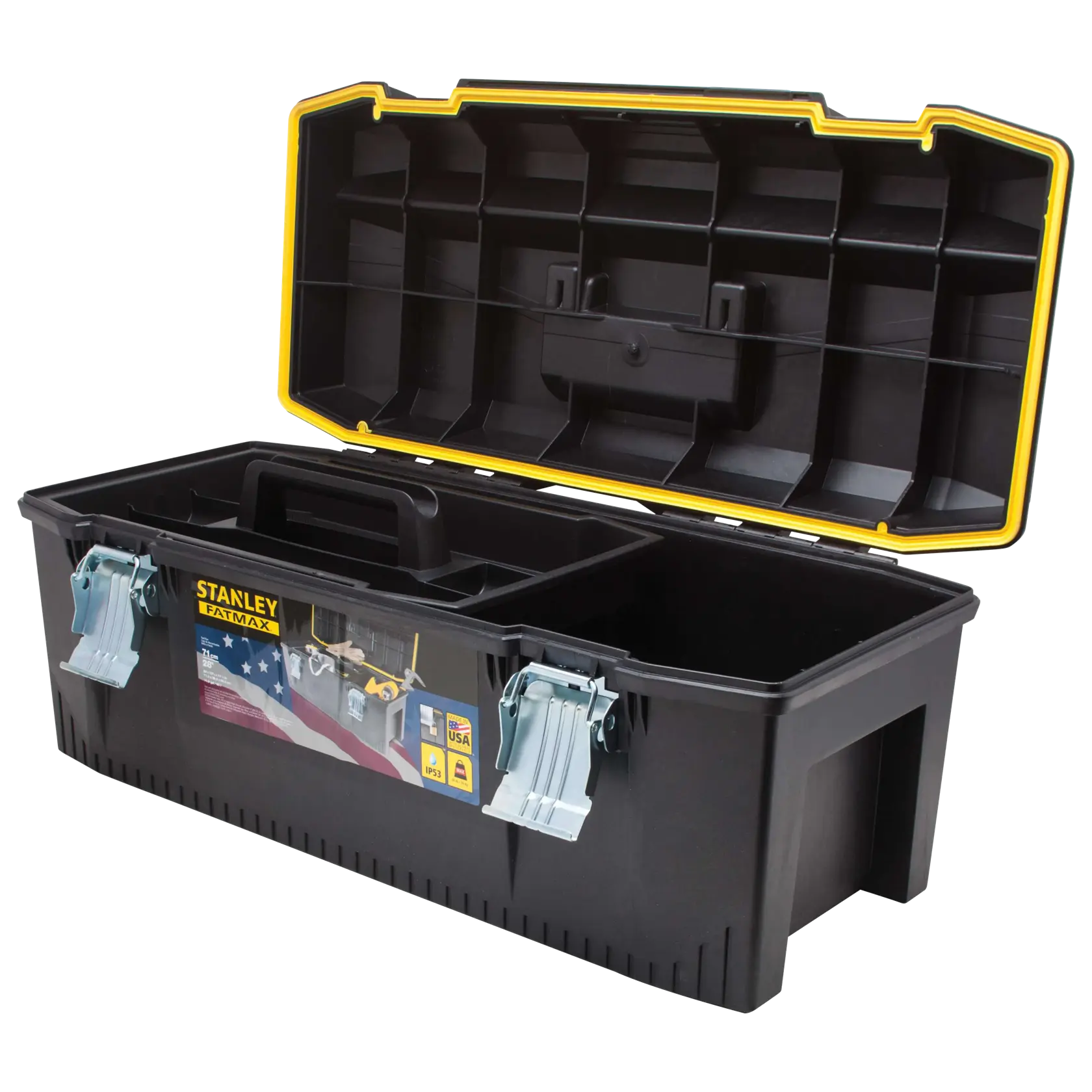 Caja de herramientas Stanley FATMAX de plástico negro con borde amarillo, tapa abierta, bandeja interior y pestillos metálicos, vista frontal en ángulo