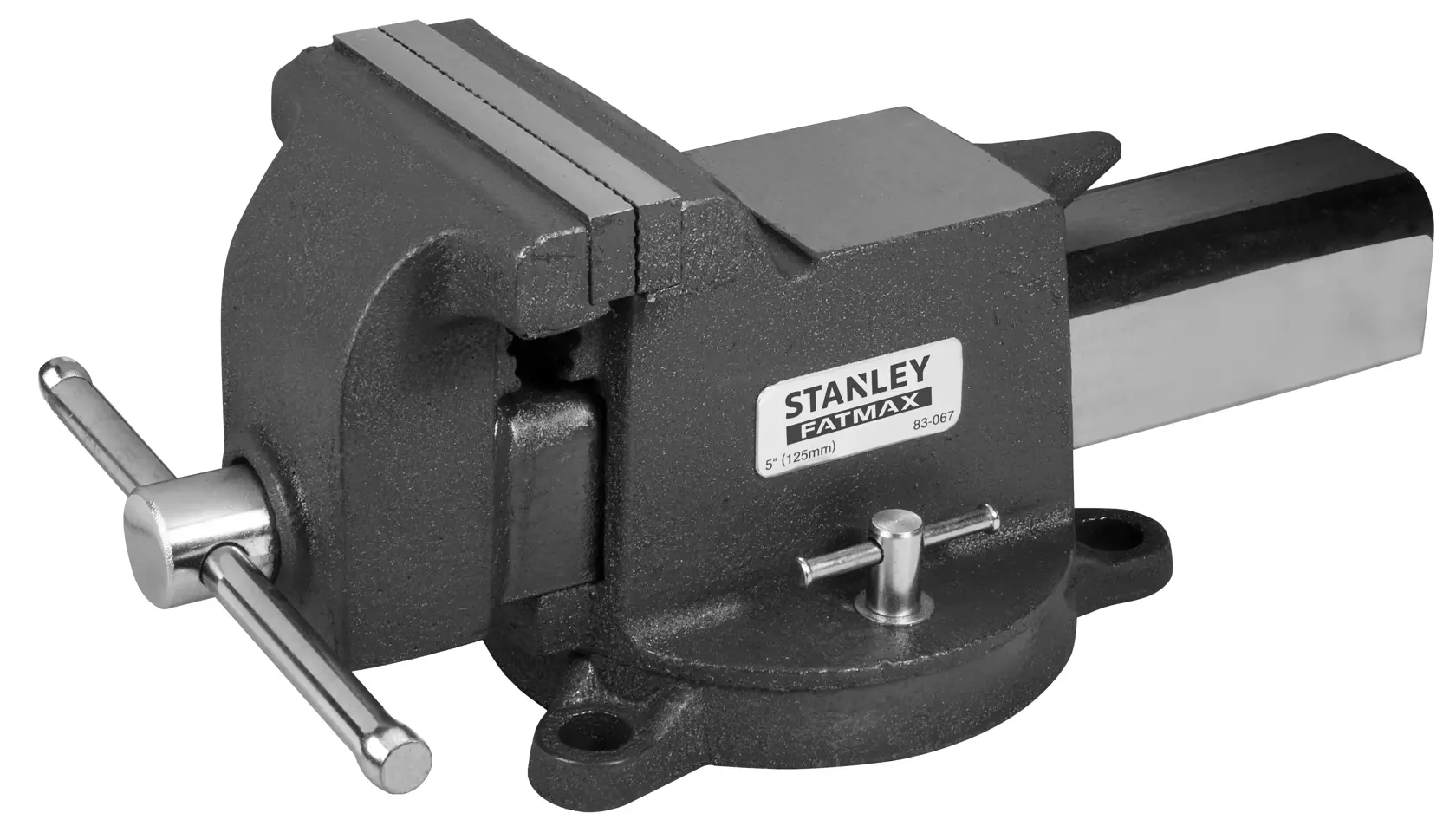 STANLEY 1-83-067 tornillo de banco metálico, herramienta de taller, ángulo lateral, fondo blanco.