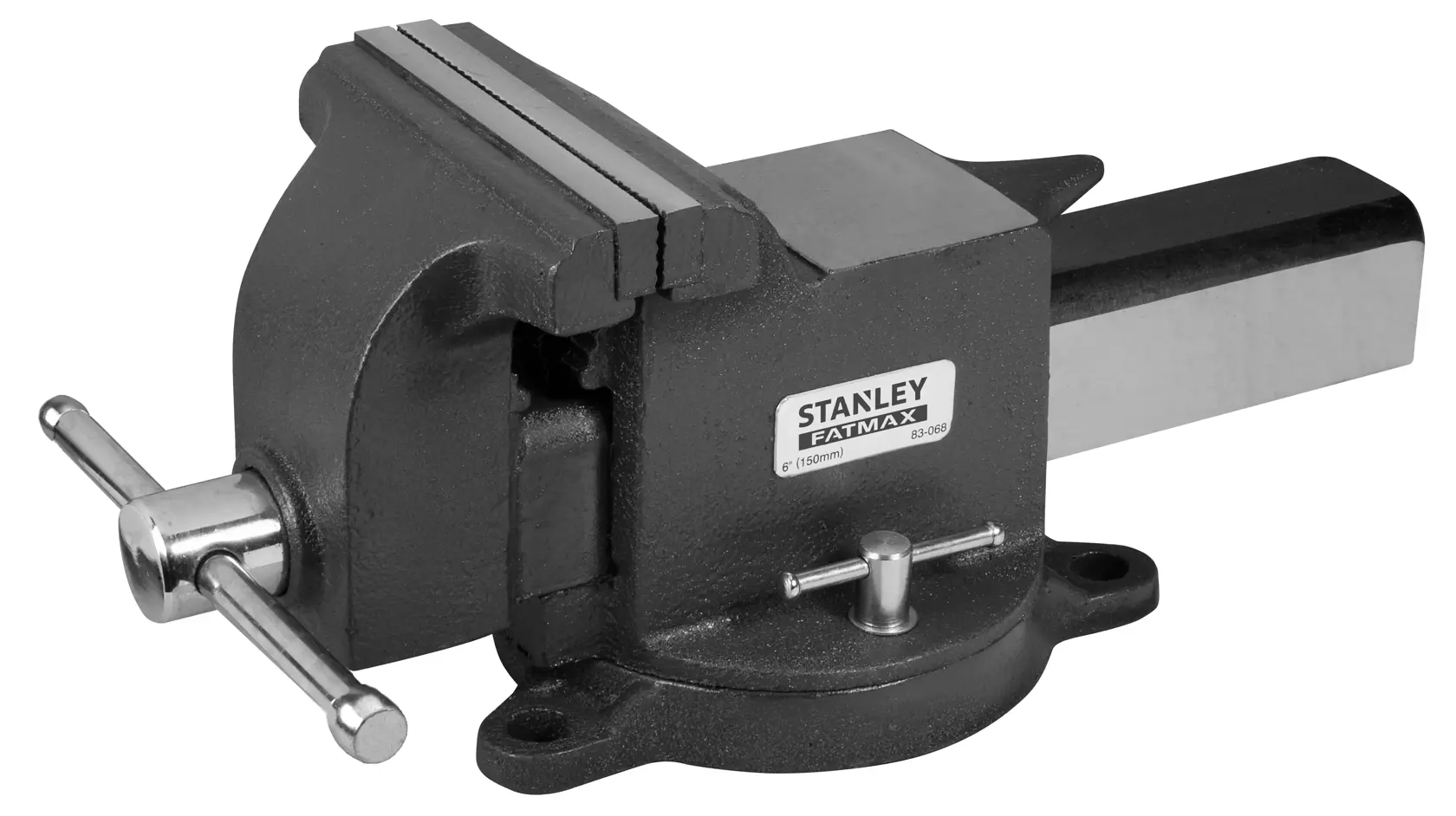 Torno de banco STANLEY 1-83-068 de metal negro, ángulo lateral, base giratoria y mordazas robustas.