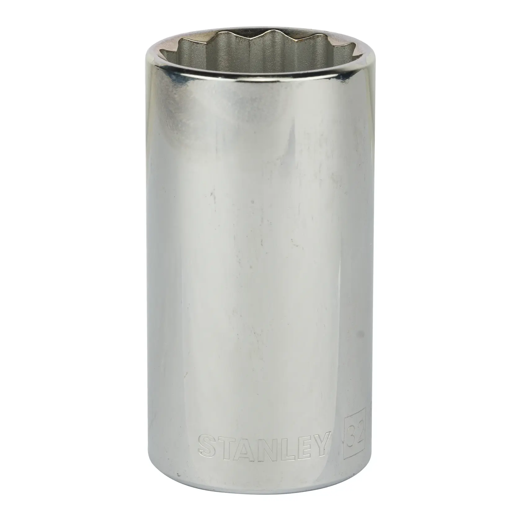 STANLEY 86-439 vaso largo cromado, ángulo frontal, acabado plateado, para uso mecánico y automotriz.
