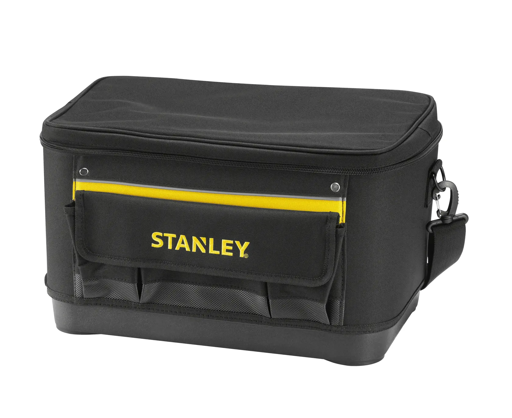 Bolsa de herramientas negra STANLEY 1-96-193 con detalles amarillos y bolsillos frontales, ángulo frontal en fondo blanco.