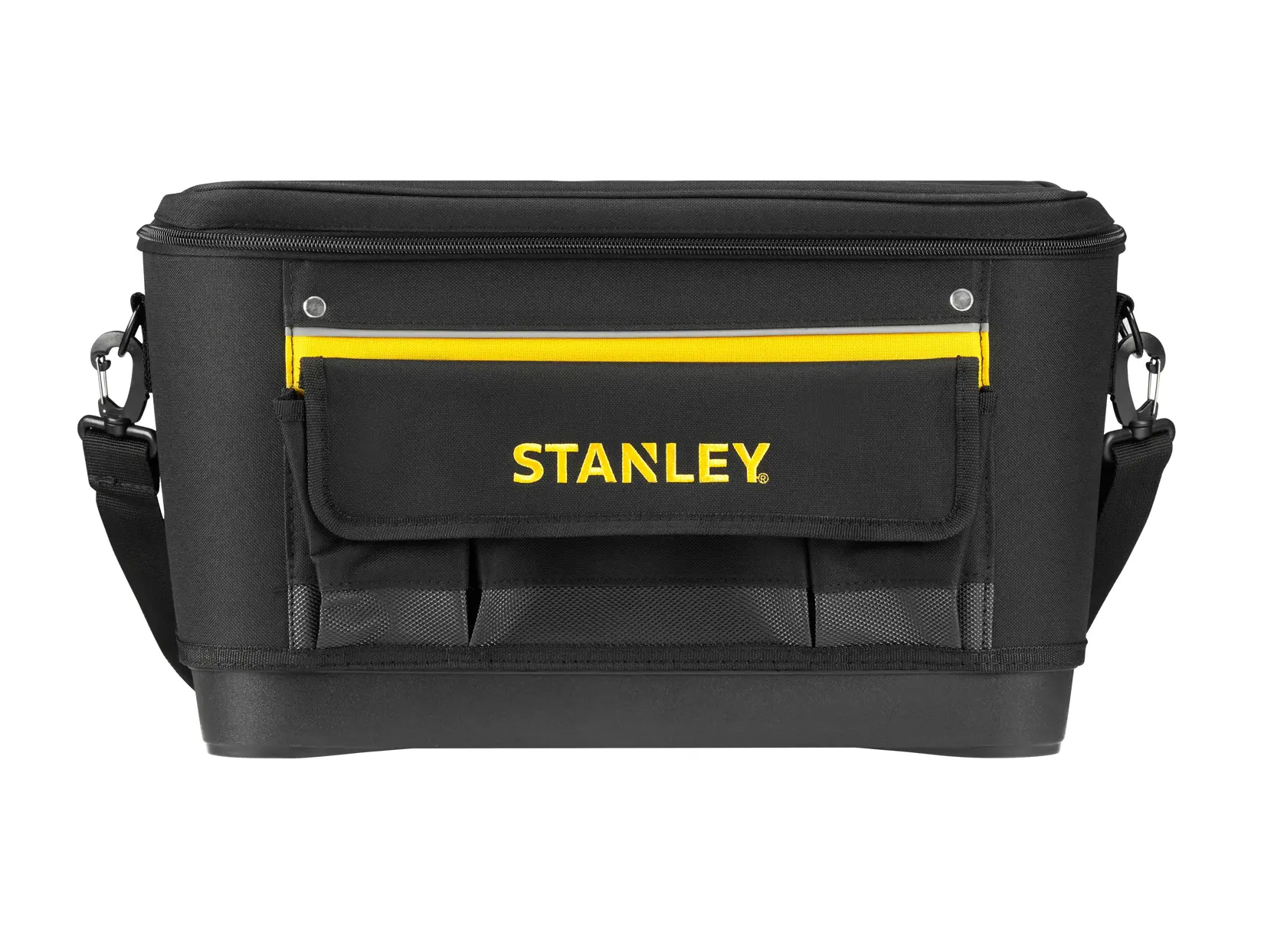 Bolsa de herramientas STANLEY 1-96-193, tela negra con detalle amarillo, vista frontal, cierre superior y correa ajustable.