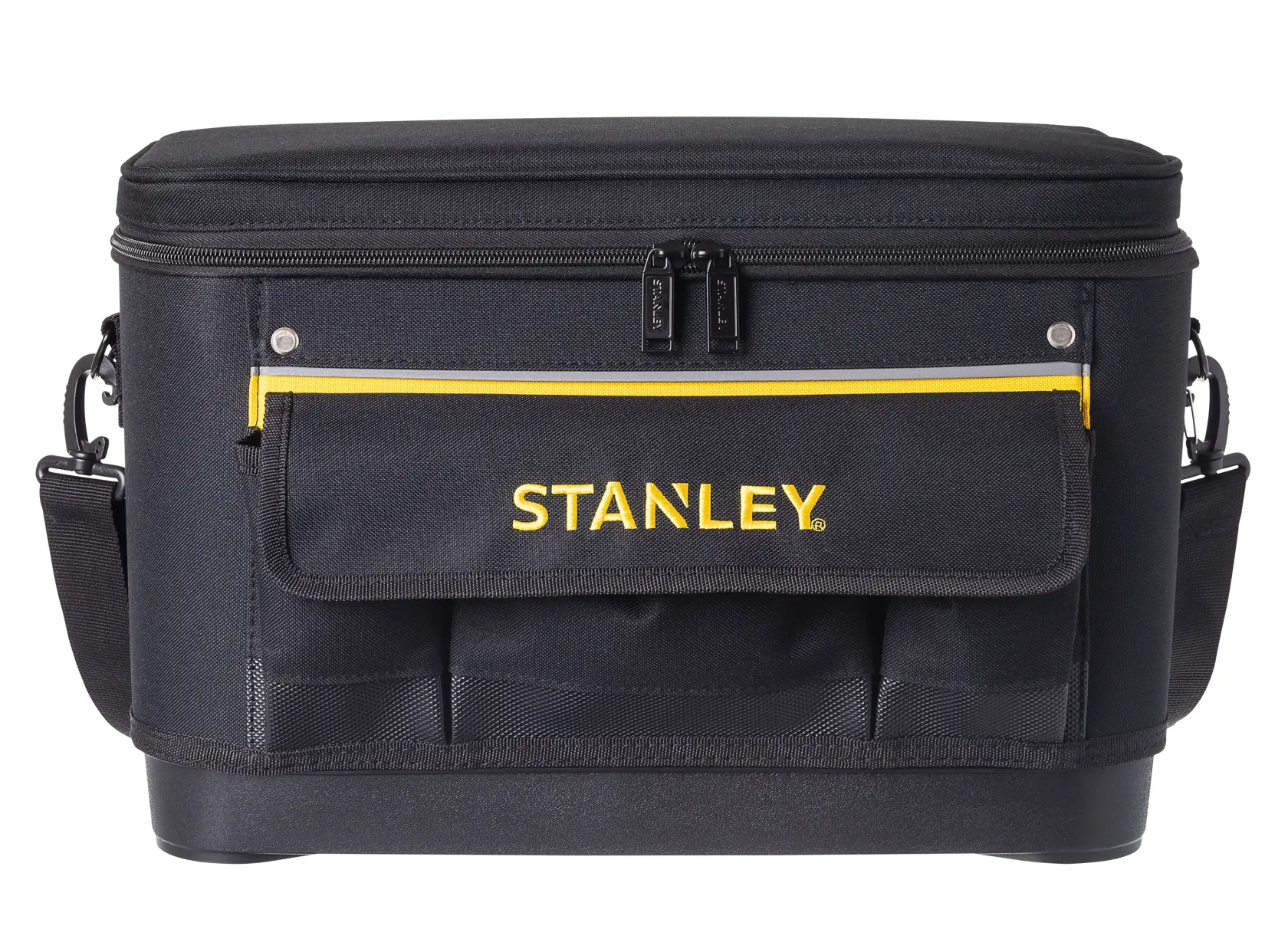 STANLEY 1-96-193 bolsa para herramientas negra con borde amarillo, vista frontal, cierre superior, correa.