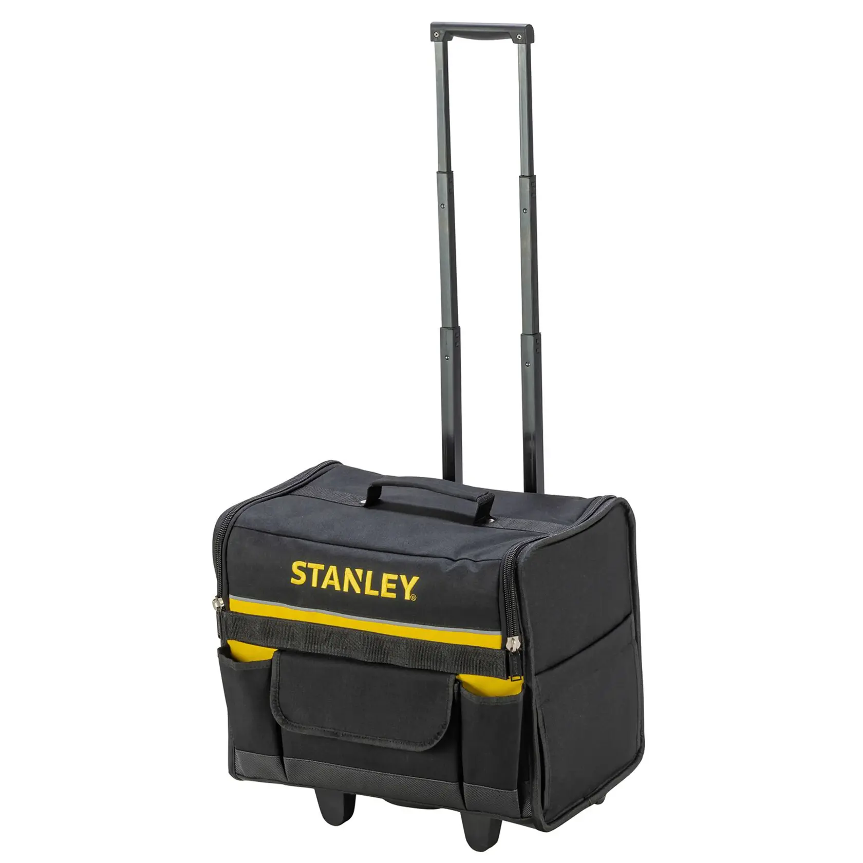 STANLEY 1-97-515 bolsa de herramientas con ruedas, negra con franja amarilla, vista frontal, mango telescópico extendido.