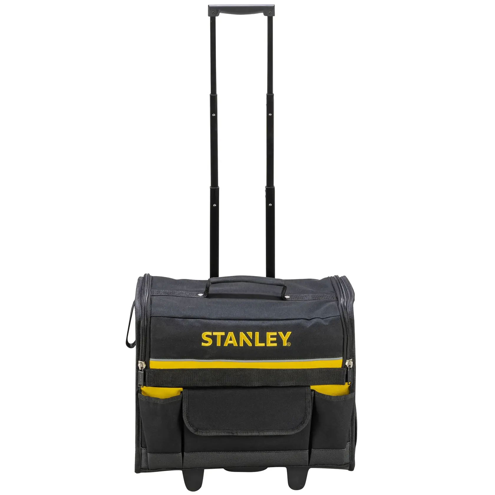 Bolsa de herramientas con ruedas STANLEY 1-97-515, negra con detalles amarillos, vista frontal.