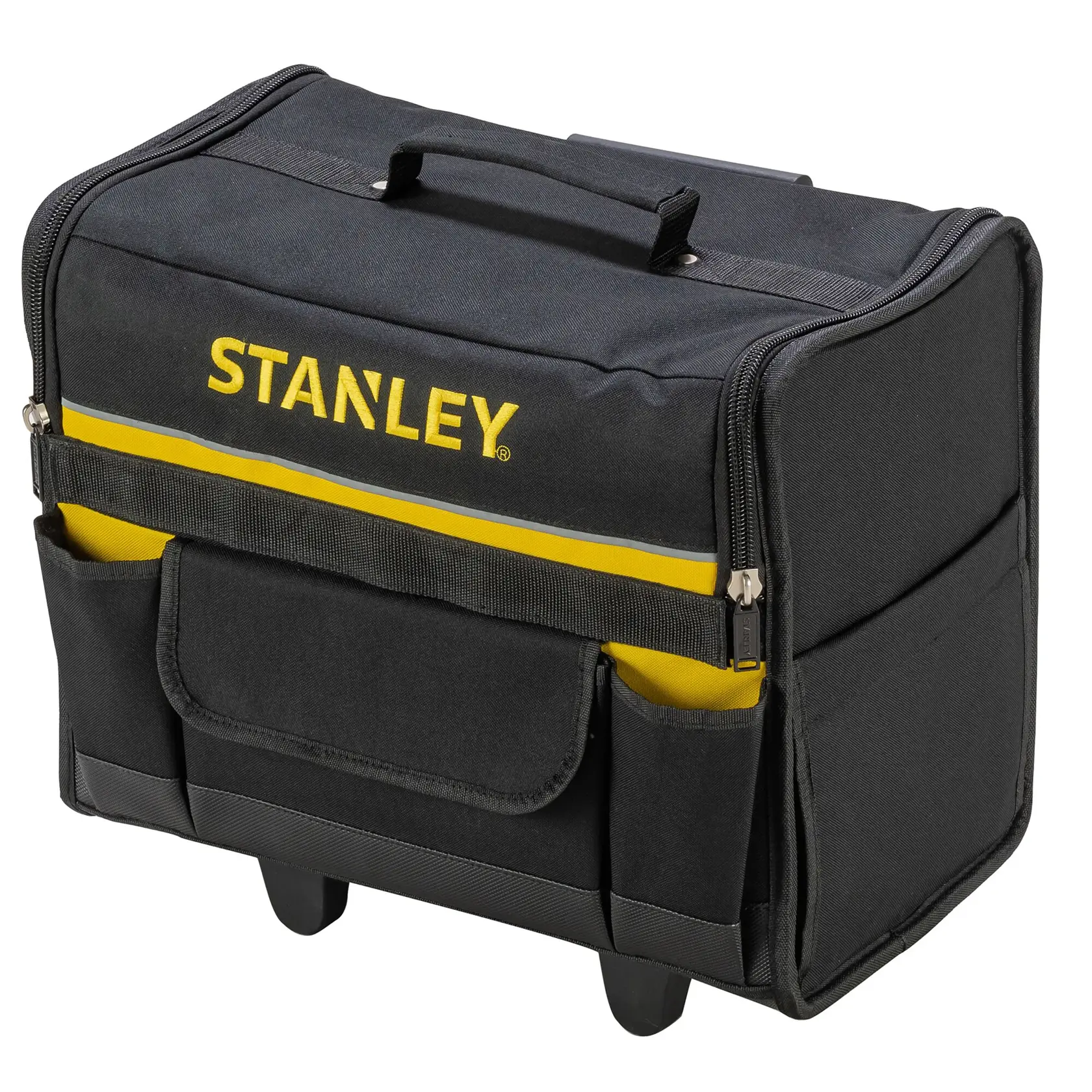 STANLEY 1-97-515 bolsa de herramientas con asa, tela negra, franja amarilla, foto frontal.