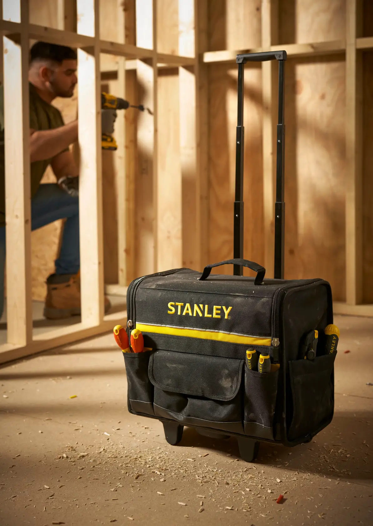 STANLEY 1-97-515 bolsa de herramientas con ruedas y asa telescópica en obra, ángulo frontal.