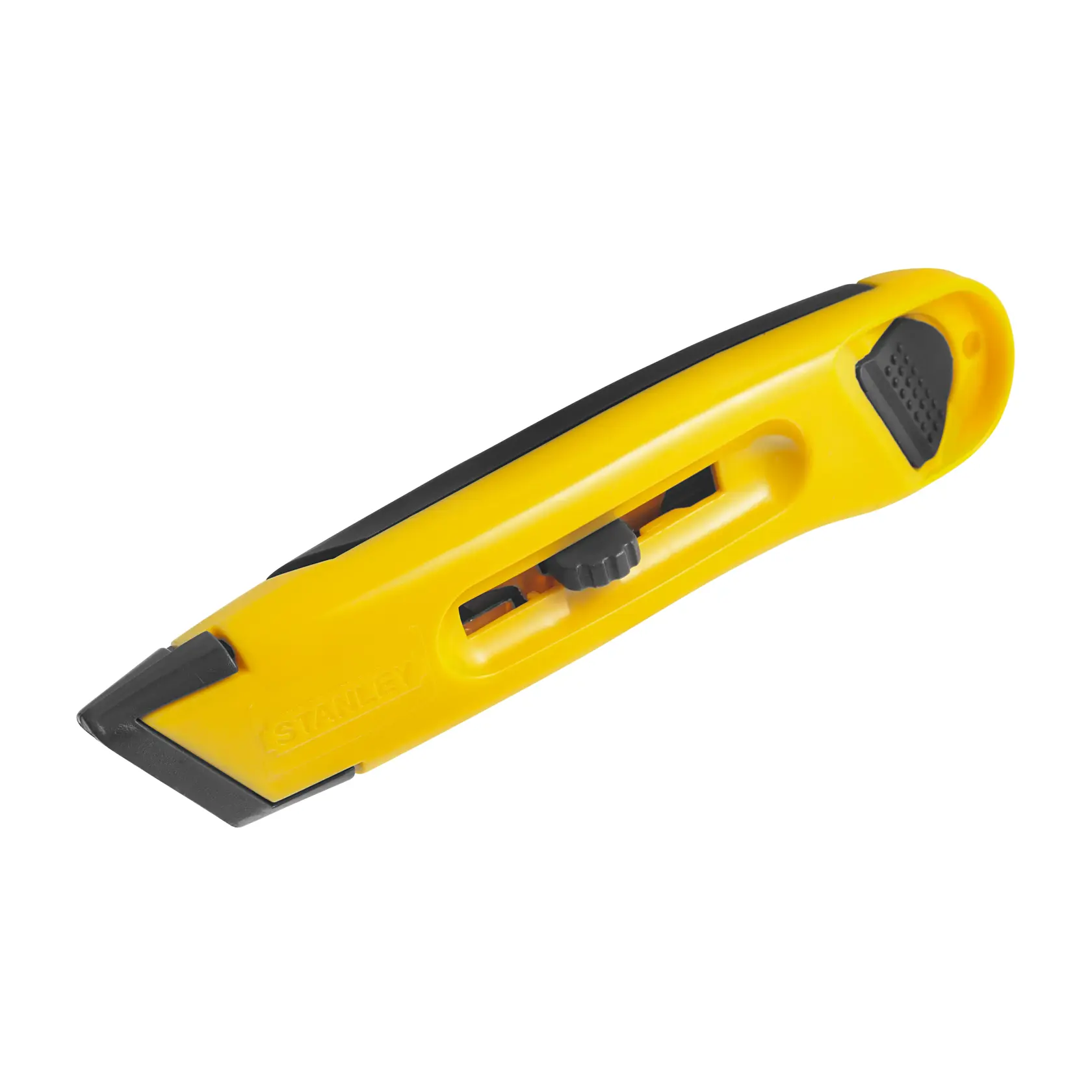 STANLEY 10-065LA cuchillo utilitario amarillo y negro, fotografía, vista en ángulo sobre fondo blanco.