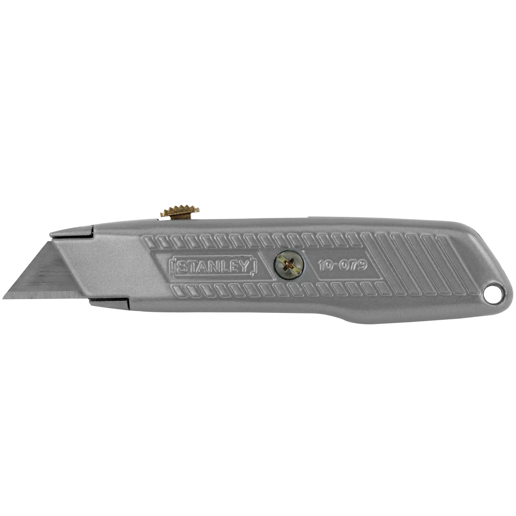 Vista lateral del cuchillo utilitario Stanley, cuerpo plateado con agarre texturizado y hoja visible, fondo blanco