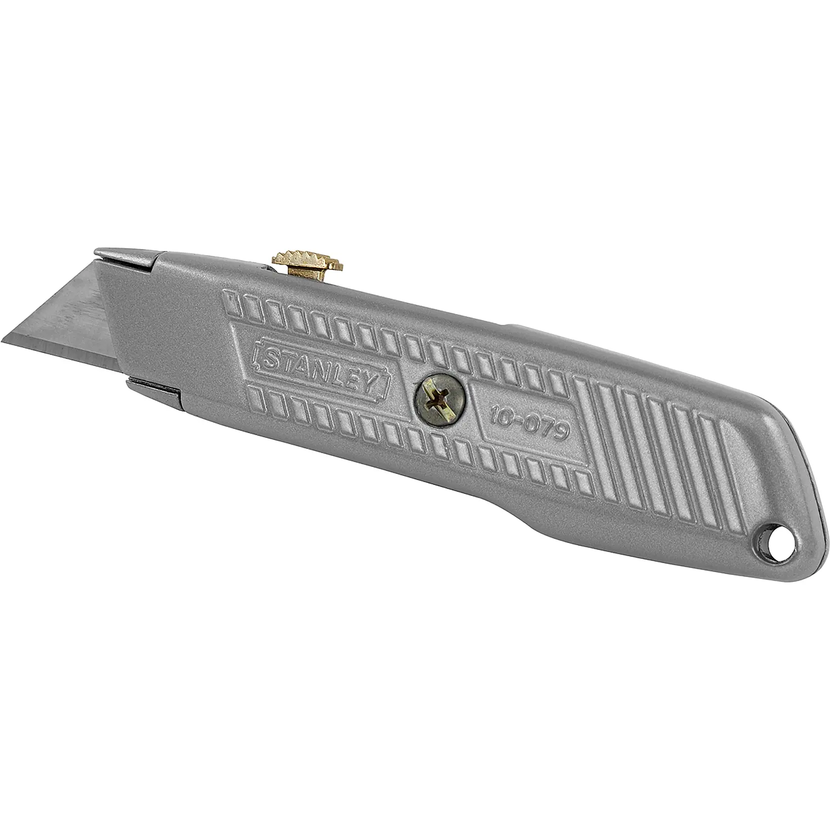 Cuchillo multiusos plateado STANLEY 10-079, orientado a la izquierda sobre fondo blanco, con mango metálico y hoja expuesta.