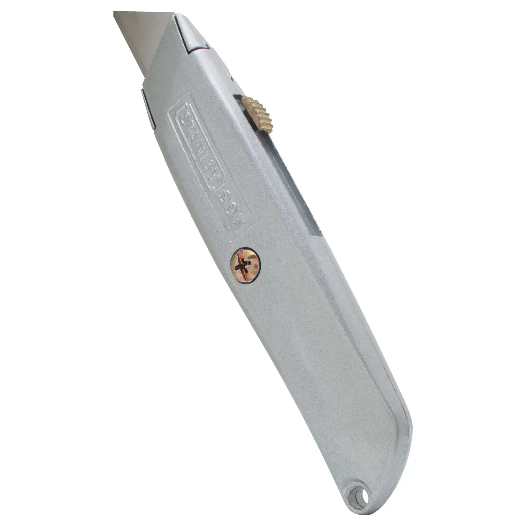 Cuchillo multiusos STANLEY 10-099-KR, cuerpo metálico plateado, vista lateral, hoja retráctil, perilla texturizada.