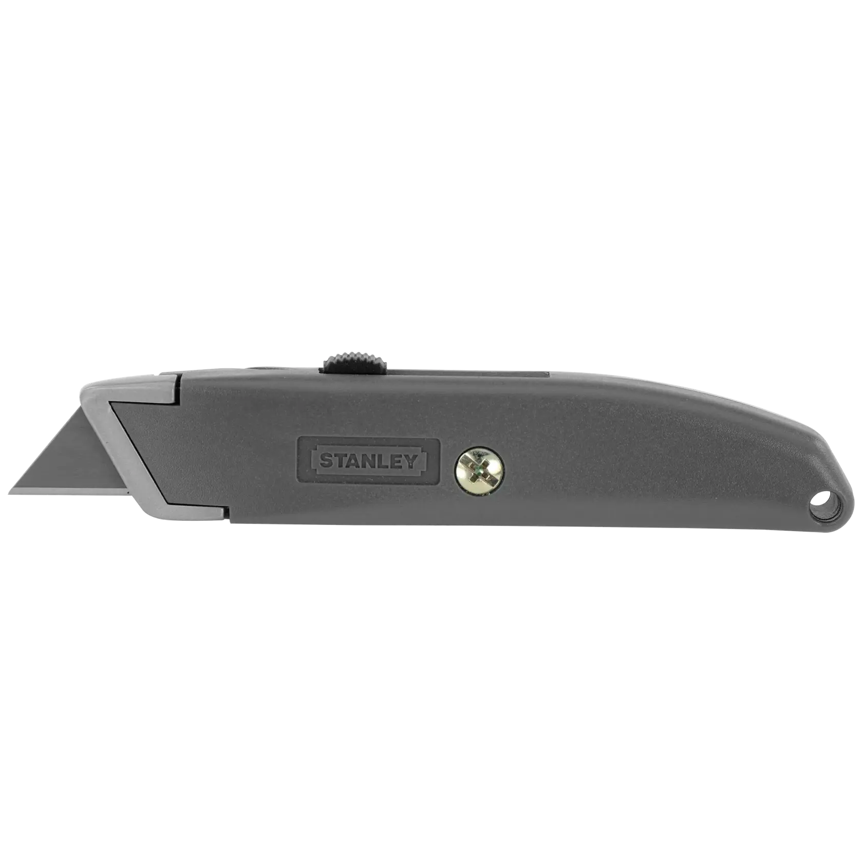 Cuchillo utilitario Stanley gris, vista lateral sobre fondo blanco, con hoja metálica expuesta y deslizador