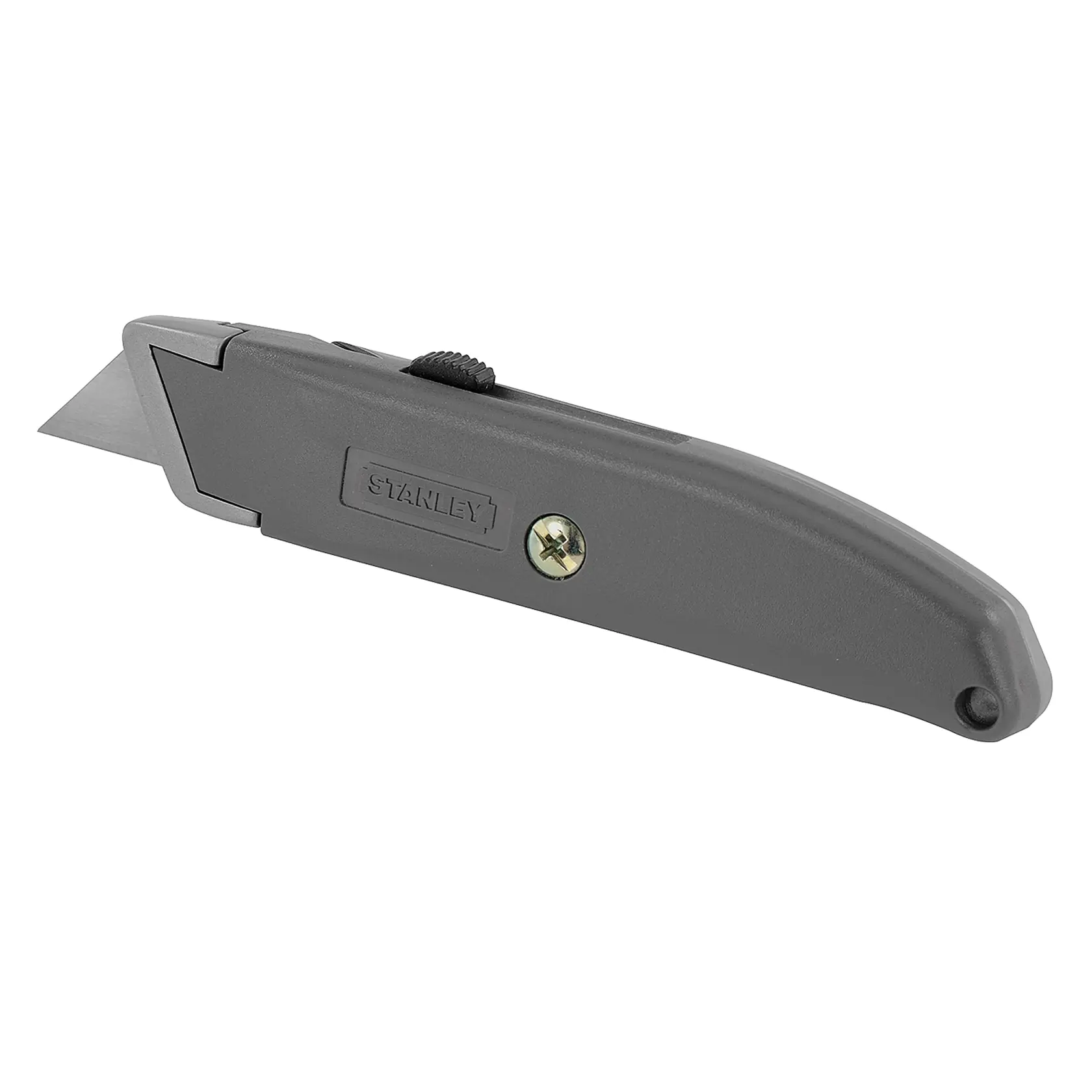 Cuchillo utilitario STANLEY 10-175, cuerpo metálico gris, hoja expuesta, ángulo lateral izquierdo sobre fondo blanco.
