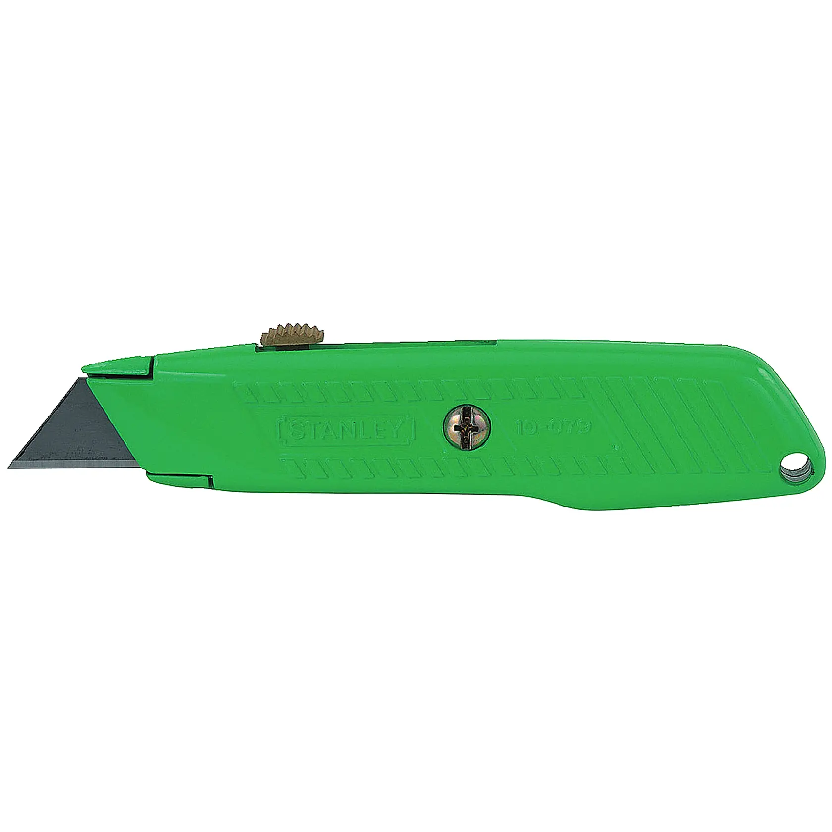 Stanley cuchillo utilitario verde vista lateral con hoja metálica y mango texturizado sobre fondo blanco.