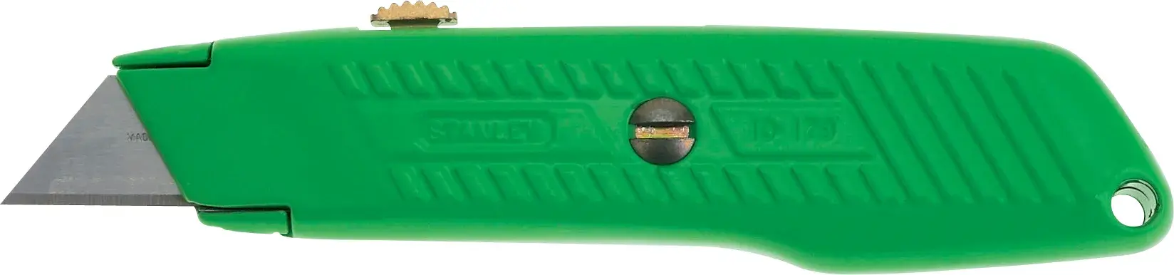 Fotografía de cuchillo utilitario verde STANLEY 10-179, vista lateral, con hoja metálica y mango texturizado.