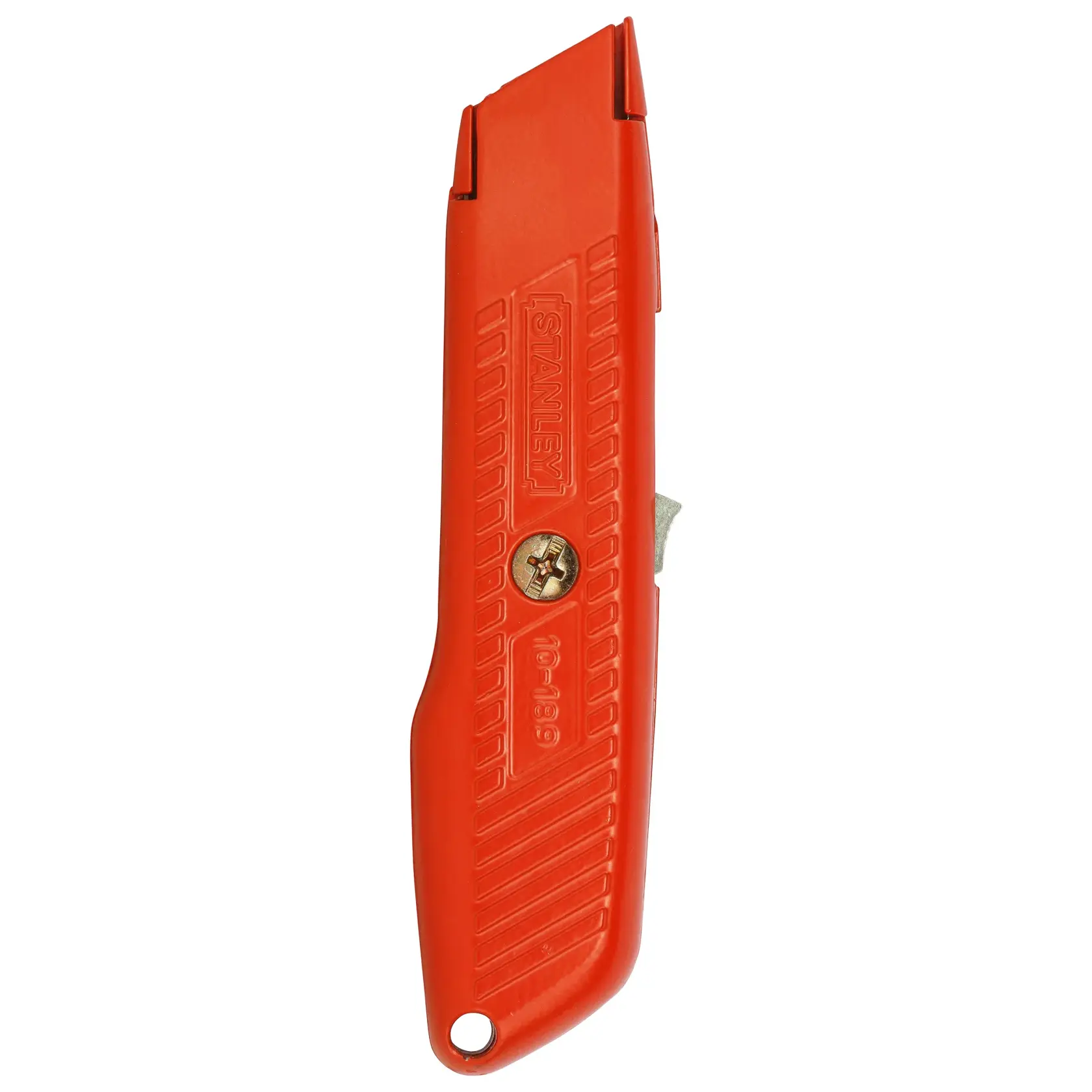 Cuchillo multiusos STANLEY 10-189C con mango rojo, vista lateral, tornillo de latón, fondo blanco.