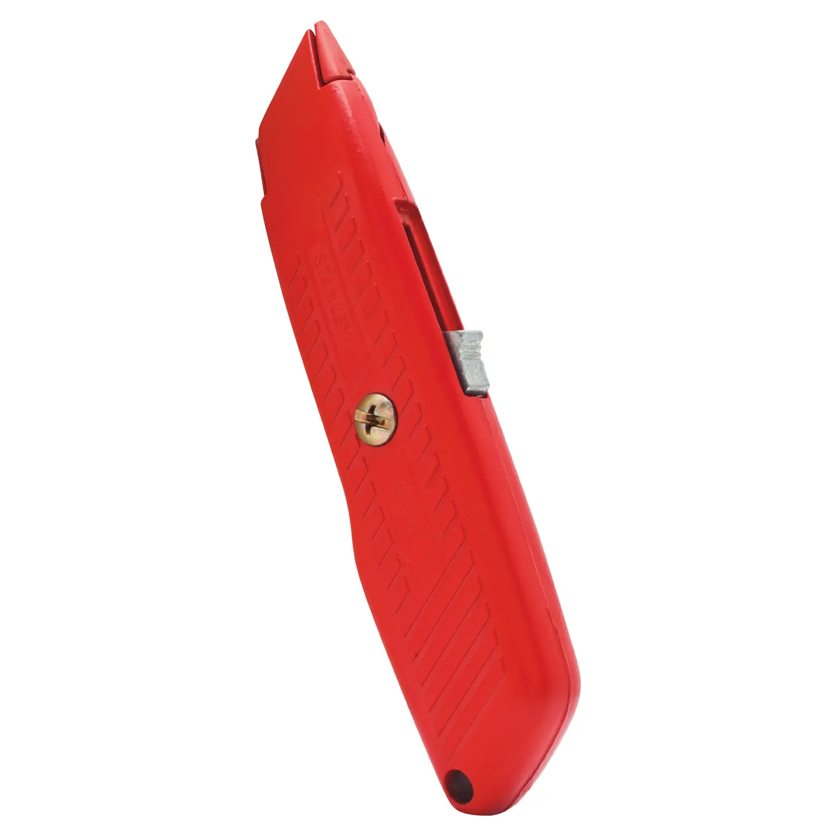 Cuchillo utilitario Stanley rojo de perfil, hoja retráctil, mango texturizado, fondo blanco