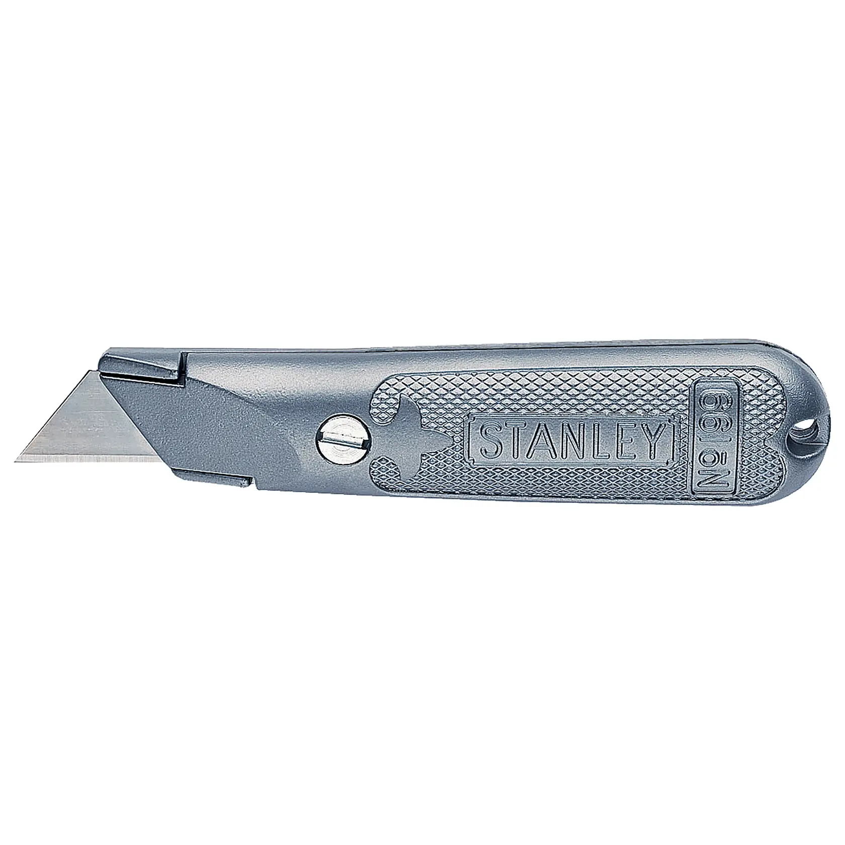 Cuchillo utilitario STANLEY 10-209, cuerpo metálico plateado, ángulo izquierdo, mango texturizado, fondo blanco.