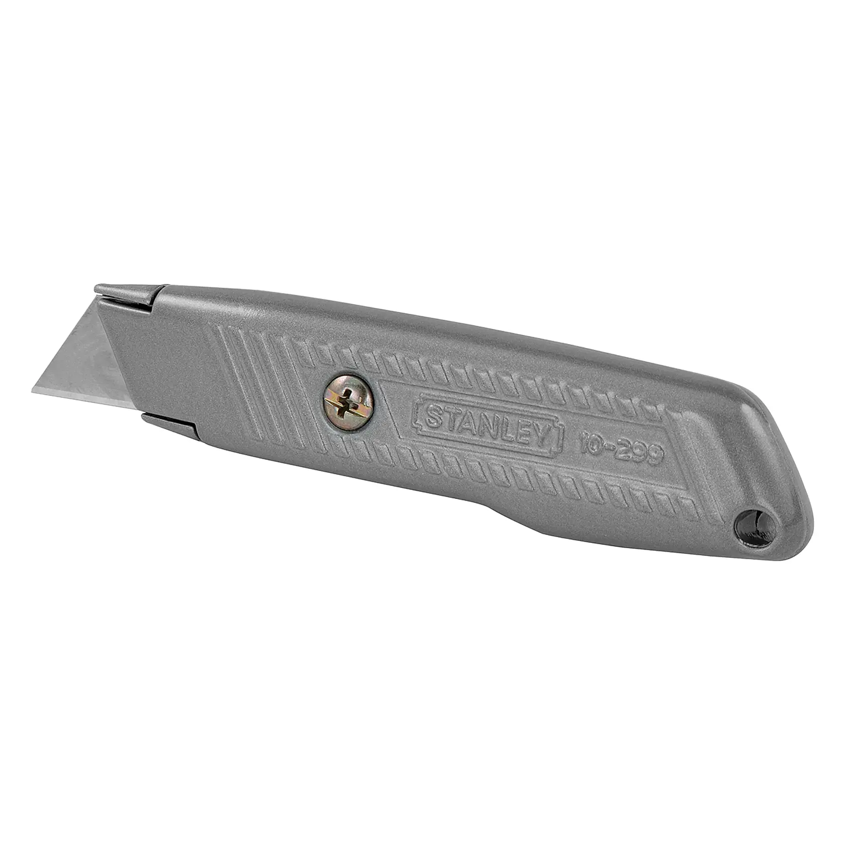 Fotografía de cuchillo de utilidad STANLEY 10-299, cuerpo gris metálico, ángulo lateral sobre fondo blanco.