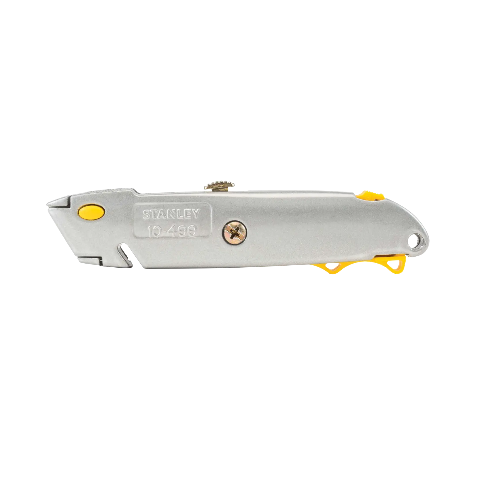 Stanley utility knife, vista lateral sobre fondo blanco, cuerpo plateado con detalles amarillos, modelo 10-499