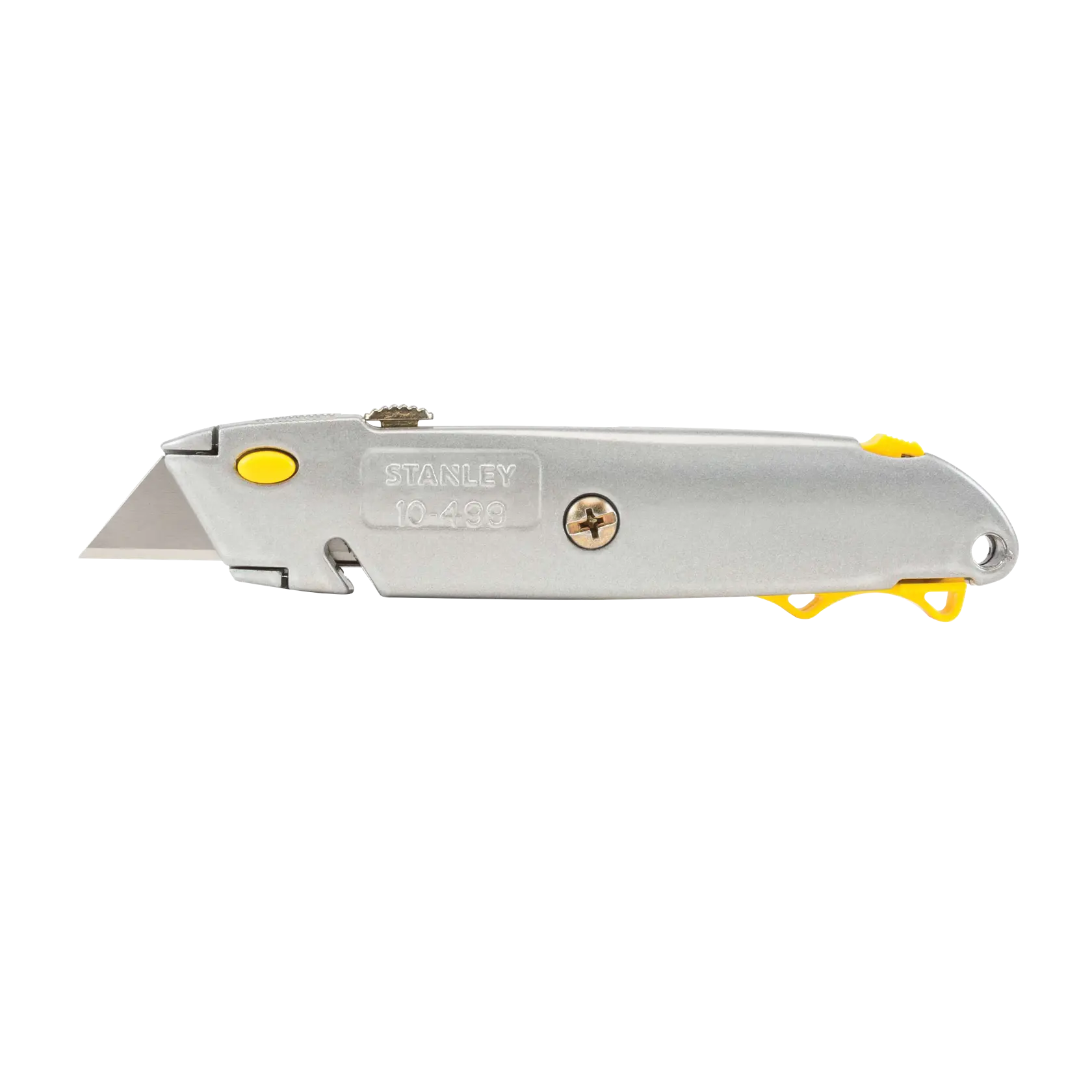 Stanley utility knife vista lateral, cuerpo metálico plateado con detalles amarillos, hoja expuesta, fondo blanco