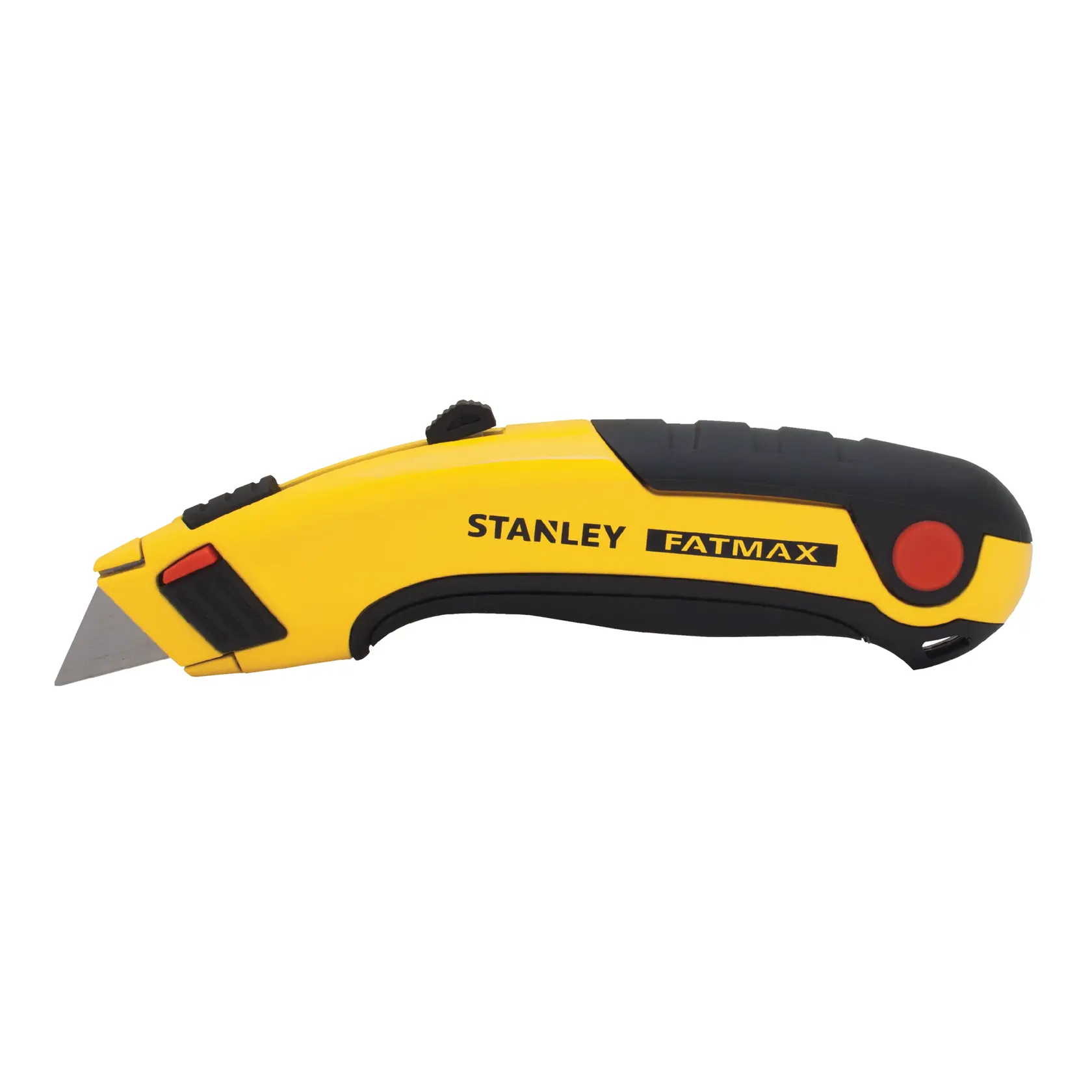 Fotografía del cuchillo multiusos STANLEY 10-778, amarillo y negro, serie FATMAX, vista lateral izquierda sobre fondo blanco.