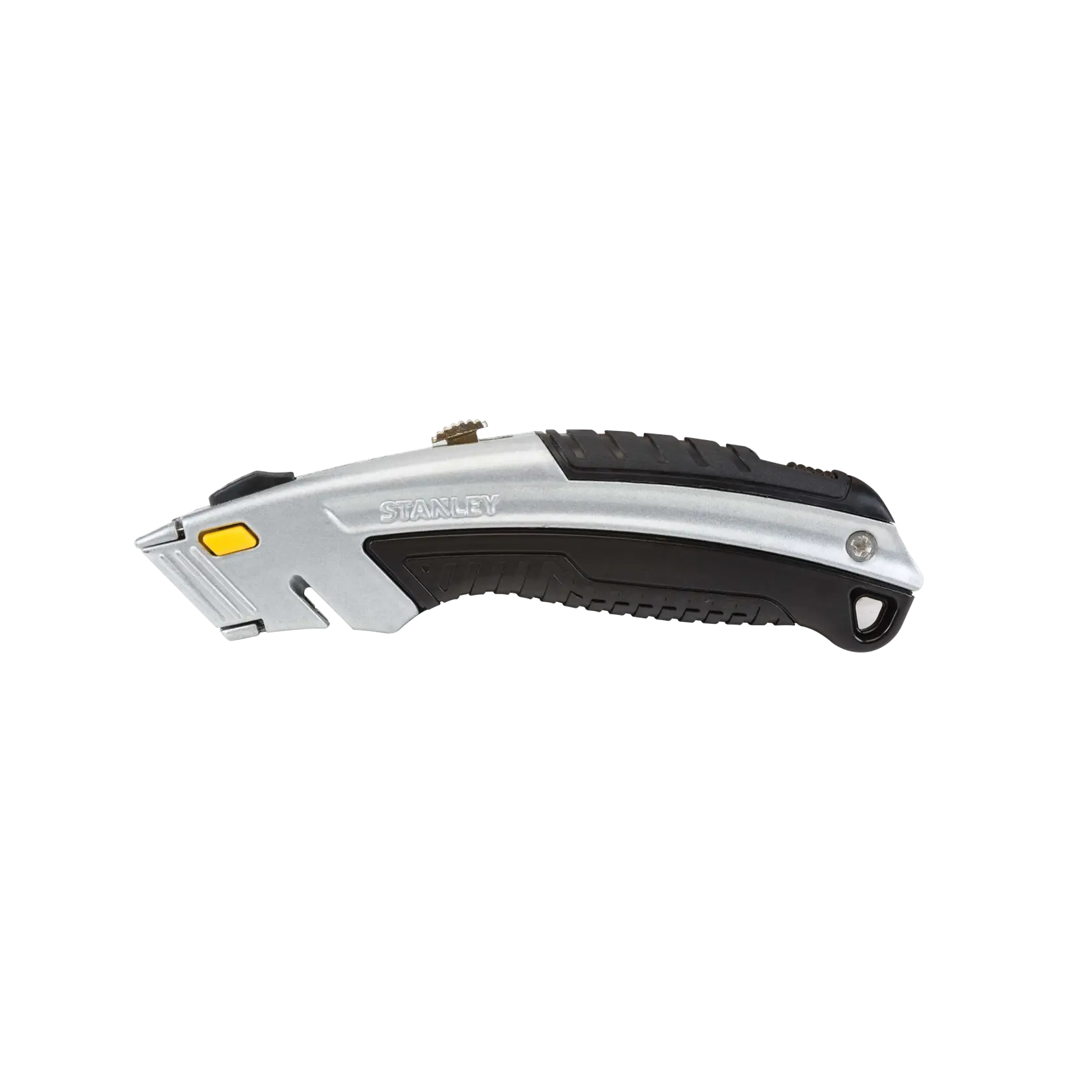 Cuchillo utilitario STANLEY con mango negro y plateado, botón amarillo, vista lateral sobre fondo blanco