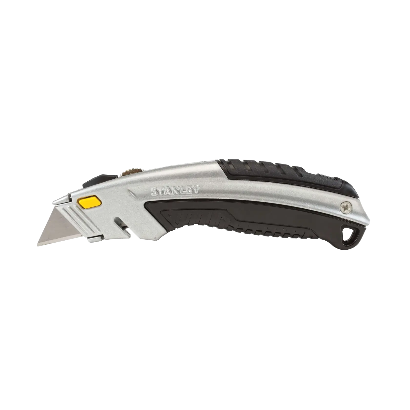 Cuchillo utilitario Stanley vista lateral sobre fondo blanco, mango plateado y negro con botón amarillo y hoja expuesta