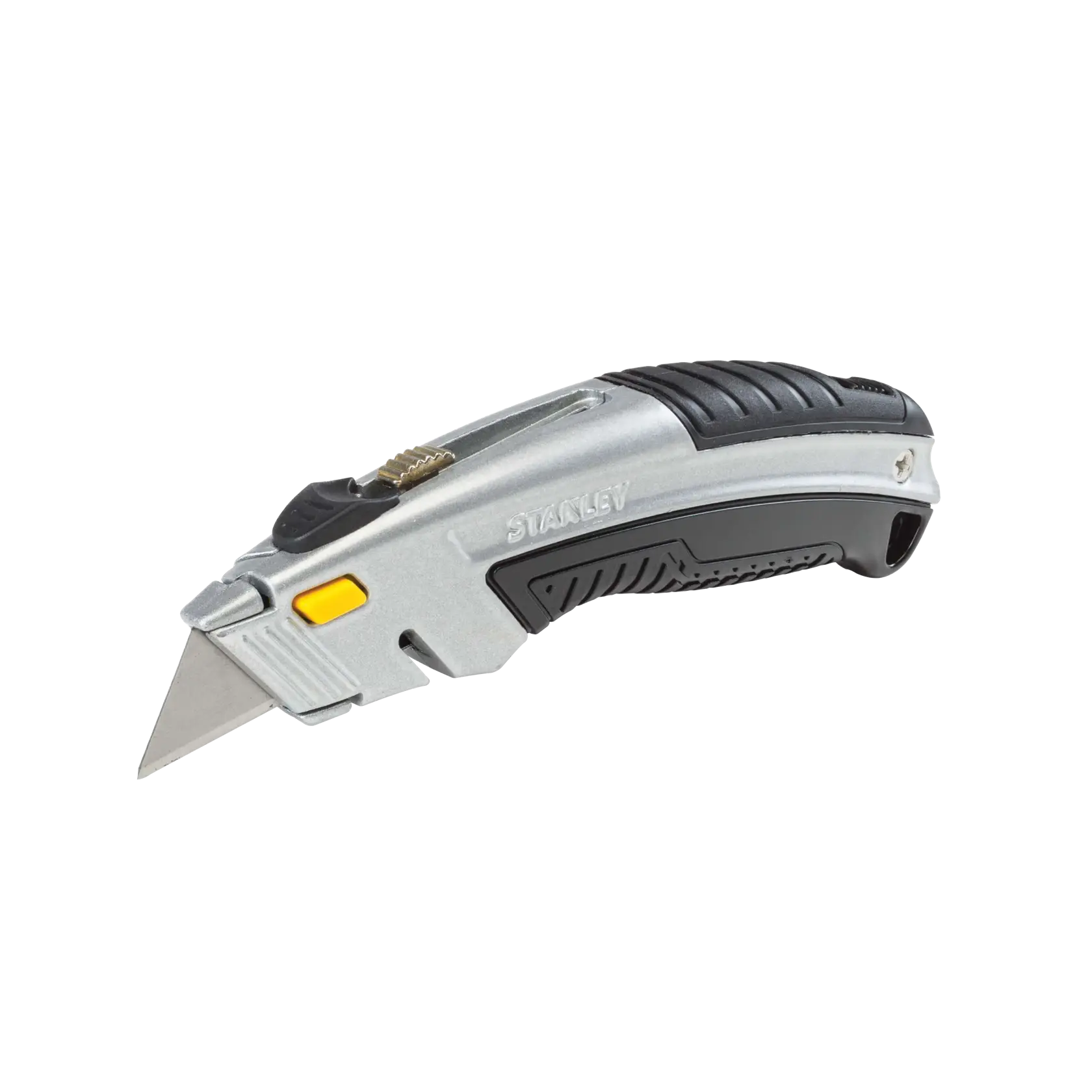 Stanley cuchillo utilitario vista lateral, plateado con detalles negros y amarillos, mango ergonómico, hoja expuesta