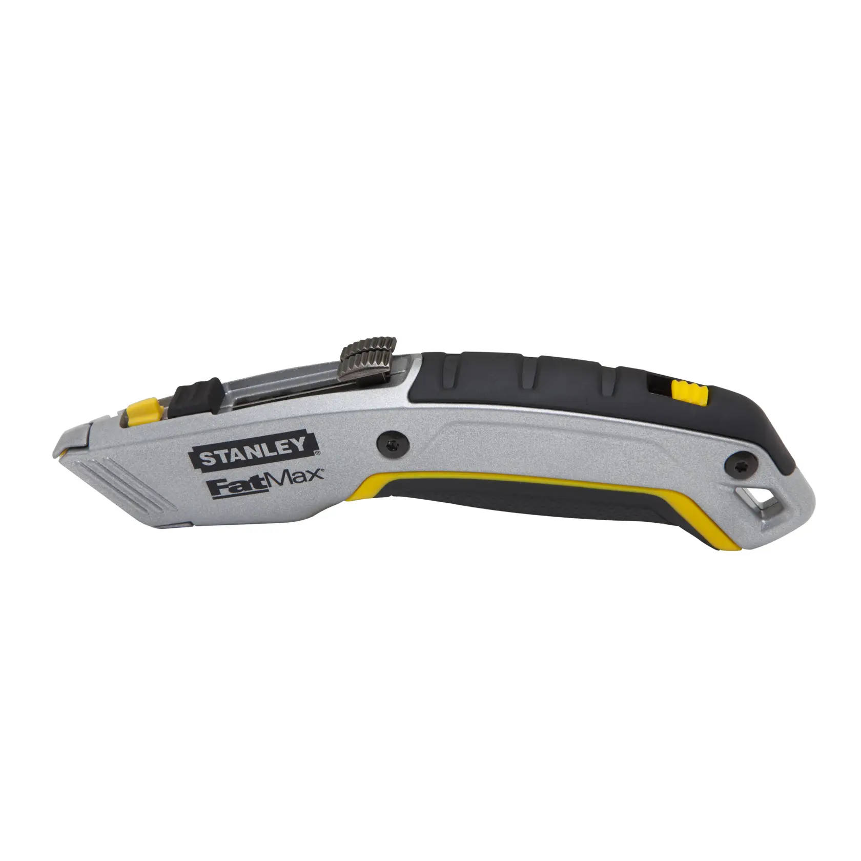 Stanley FatMax cuchillo utilitario vista lateral, cuerpo plateado con detalles negros y amarillos sobre fondo blanco.