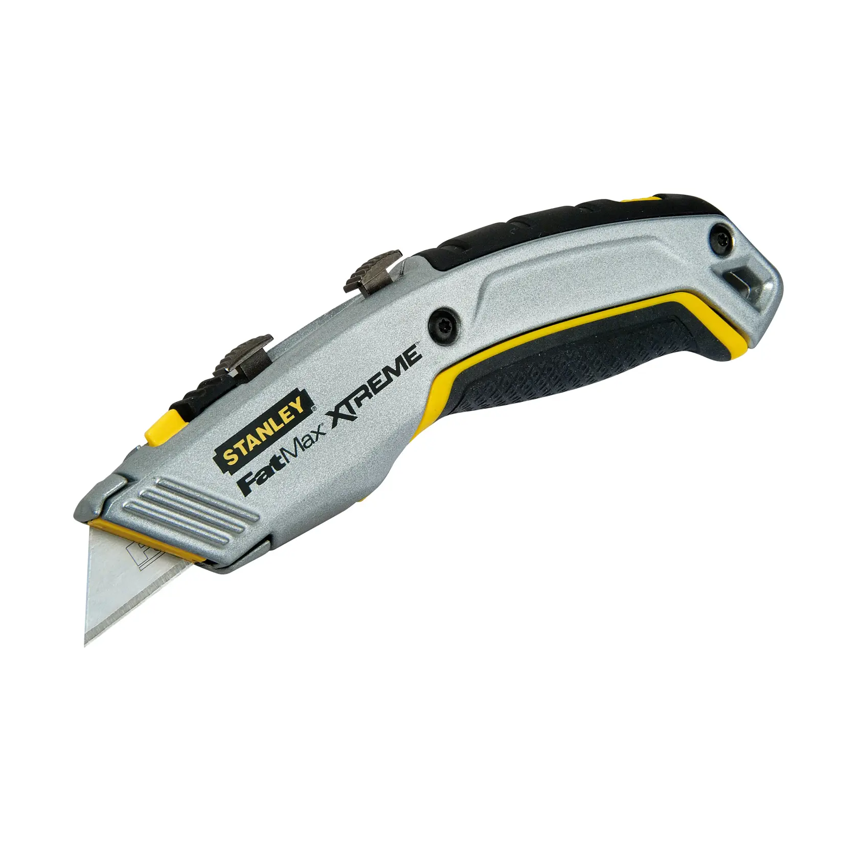 Cuchillo multiusos STANLEY 10-789 plateado y amarillo con mango ergonómico, ángulo lateral, fondo blanco.