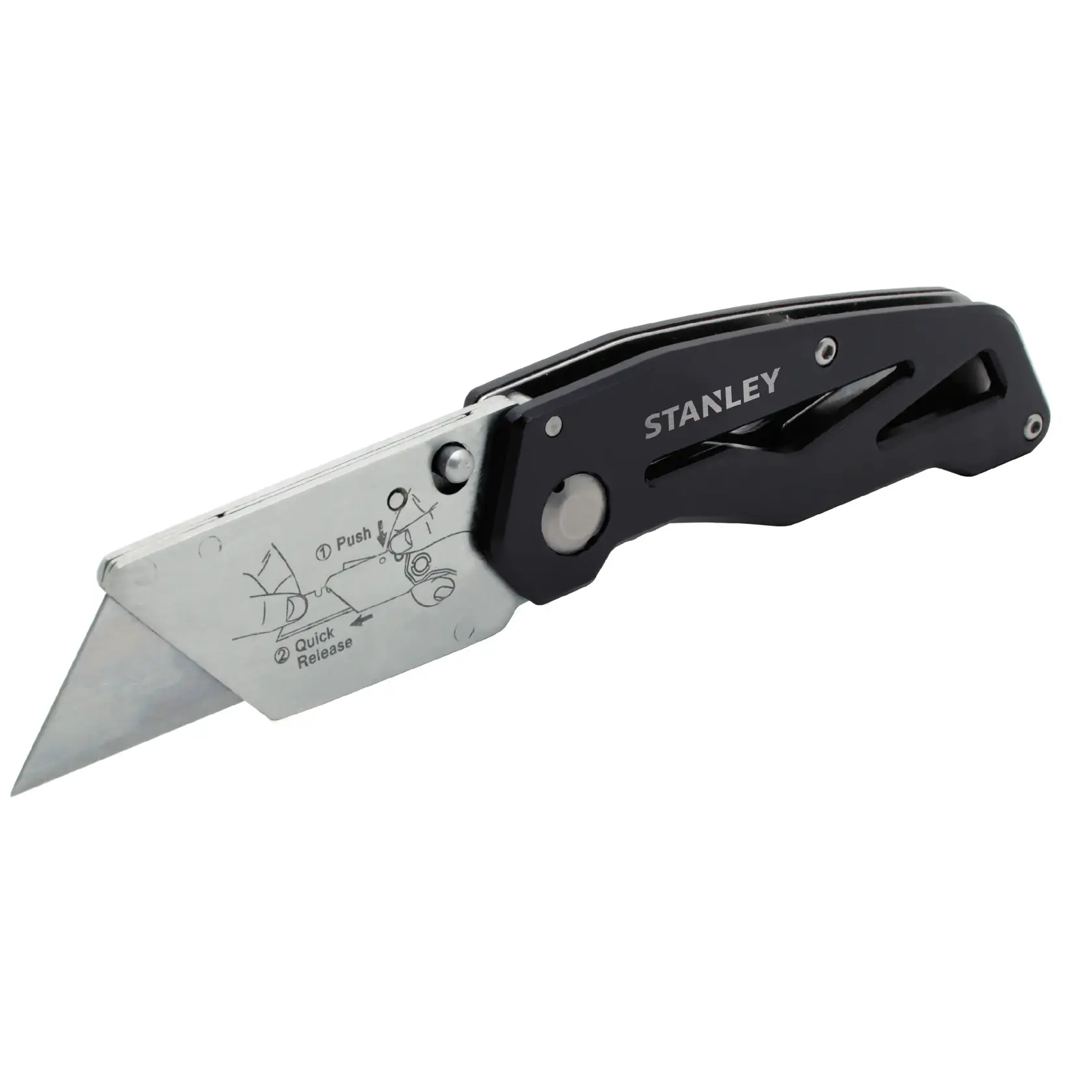 Cuchillo utilitario plegable STANLEY 10-855 con mango negro, hoja plateada, liberación rápida, vista en ángulo sobre fondo blanco.