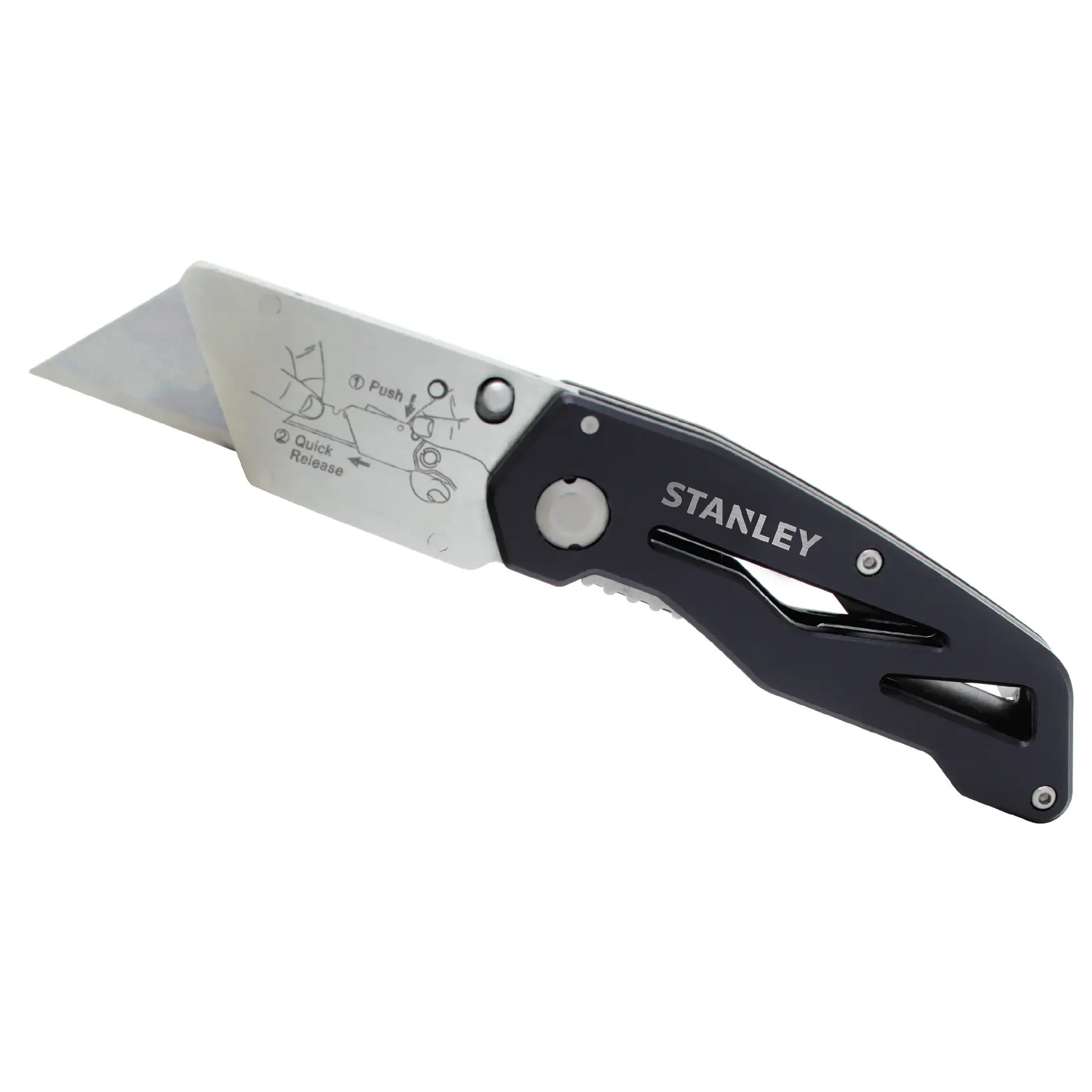 Cuchillo utilitario plegable STANLEY 10-855 con mango negro y hoja plateada de liberación rápida, ángulo lateral sobre fondo blanco.