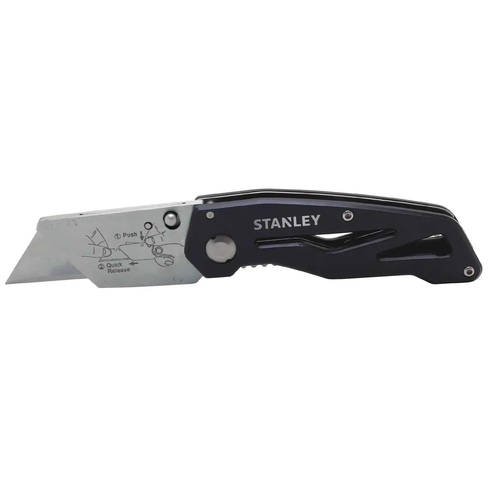 STANLEY 10-855 cuchillo utilitario plegable, mango negro, vista lateral sobre fondo blanco.