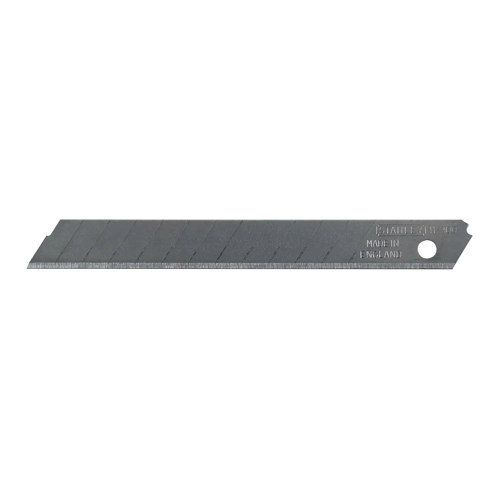 Hoja de cuchillo utilitario de segmentos Stanley vista lateral, segmentos metálicos con líneas de corte sobre fondo blanco.
