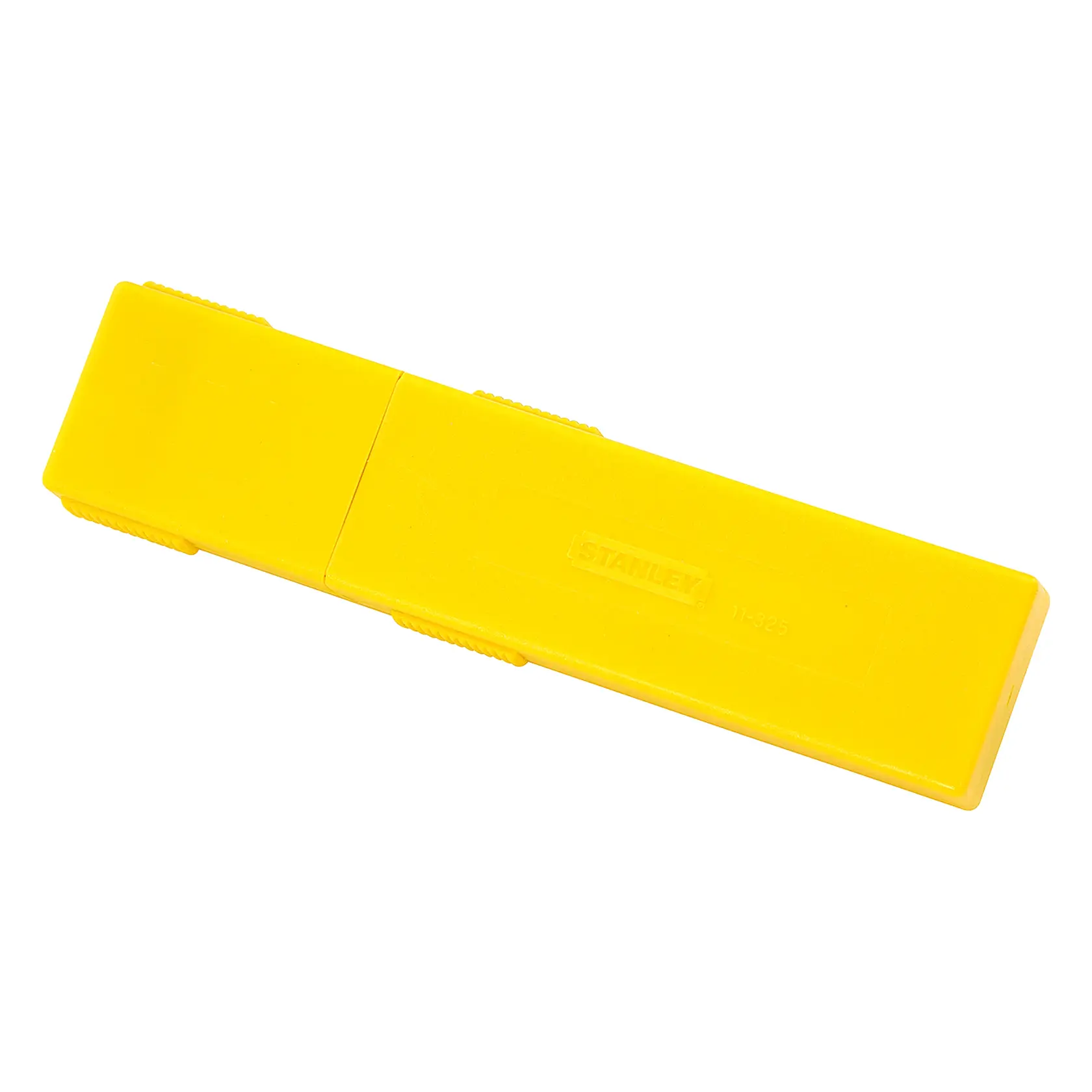 Estuche de almacenamiento de hojas STANLEY 11-325T de plástico amarillo, rectangular, vista superior, sobre fondo blanco.