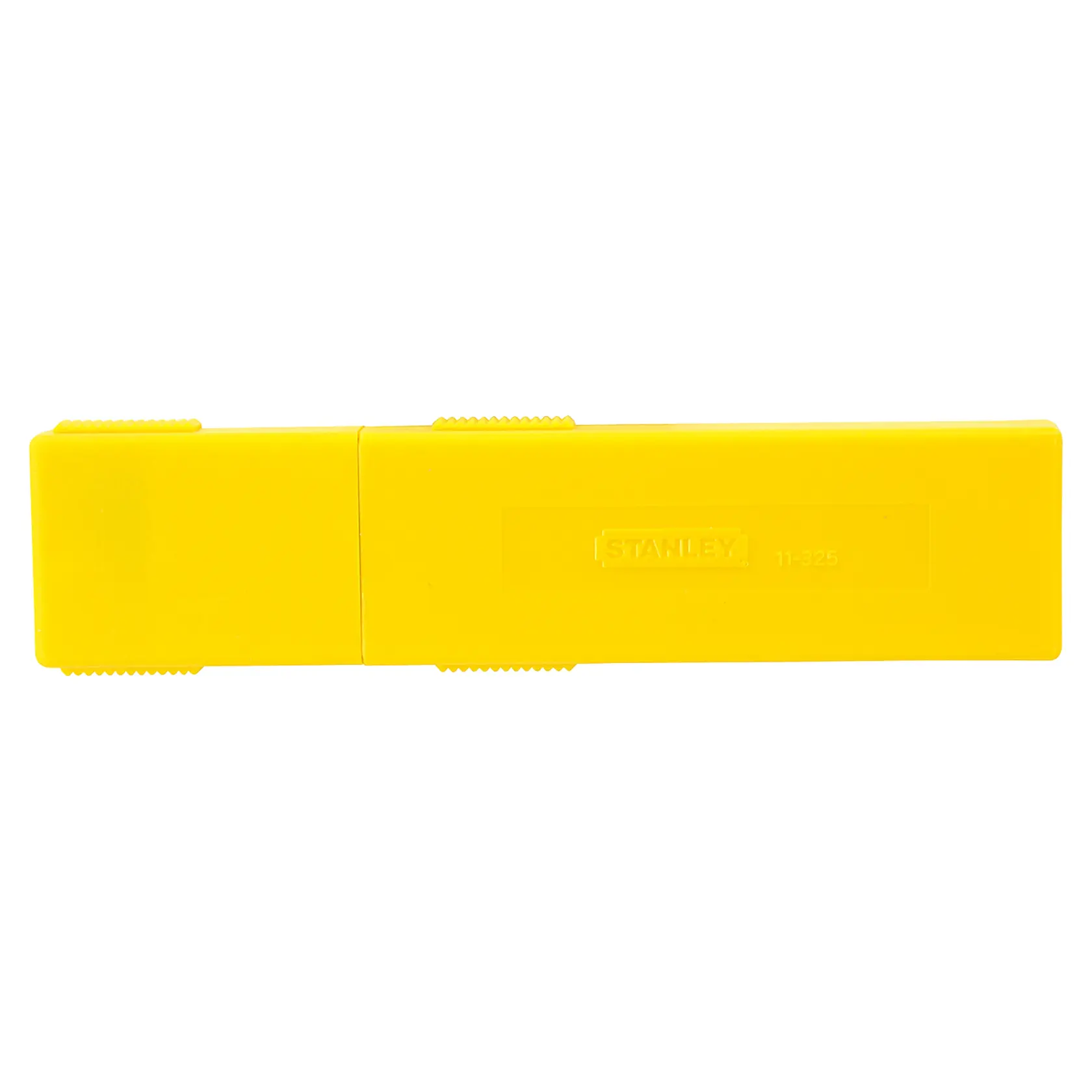 Dispensador de cuchillas utilitarias de plástico amarillo STANLEY 11-325T, ángulo frontal, sobre fondo blanco.