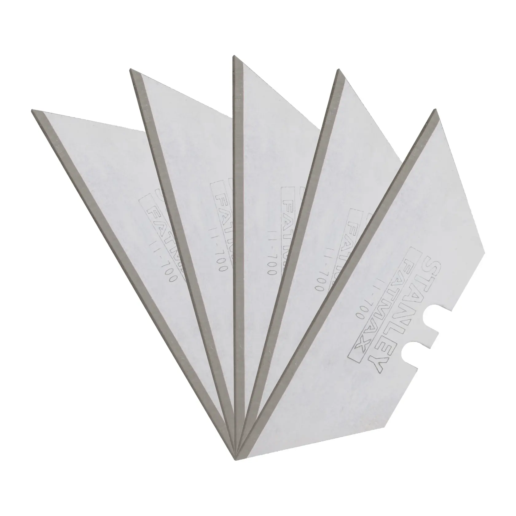 Cuchillas para cutter STANLEY 11-700, juego de cinco, color plateado, extendidas en abanico, fondo blanco.