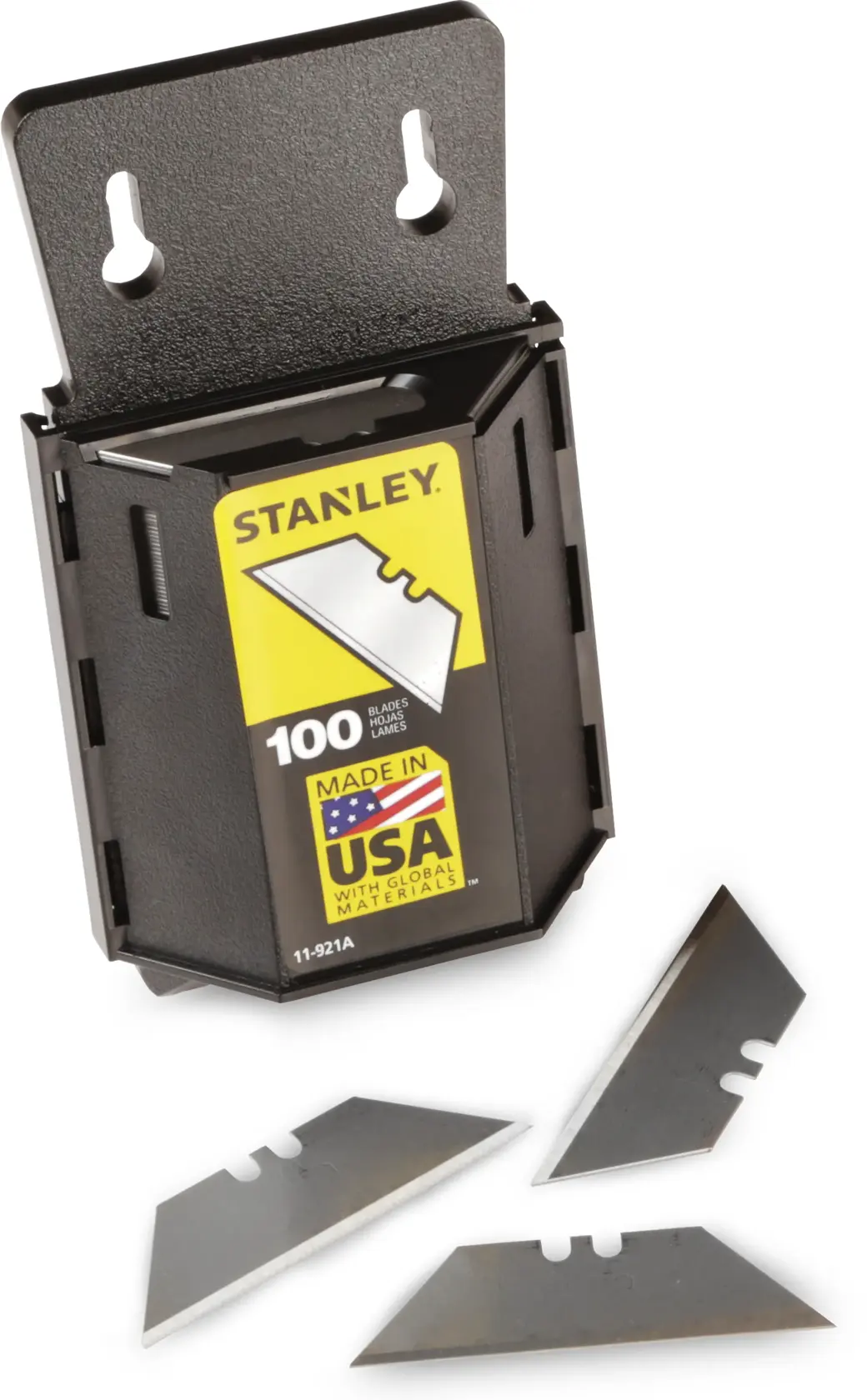 STANLEY 11-921A dispensador de hojas para cutter con 100 hojas, soporte negro y tres hojas sueltas plateadas, vista frontal.