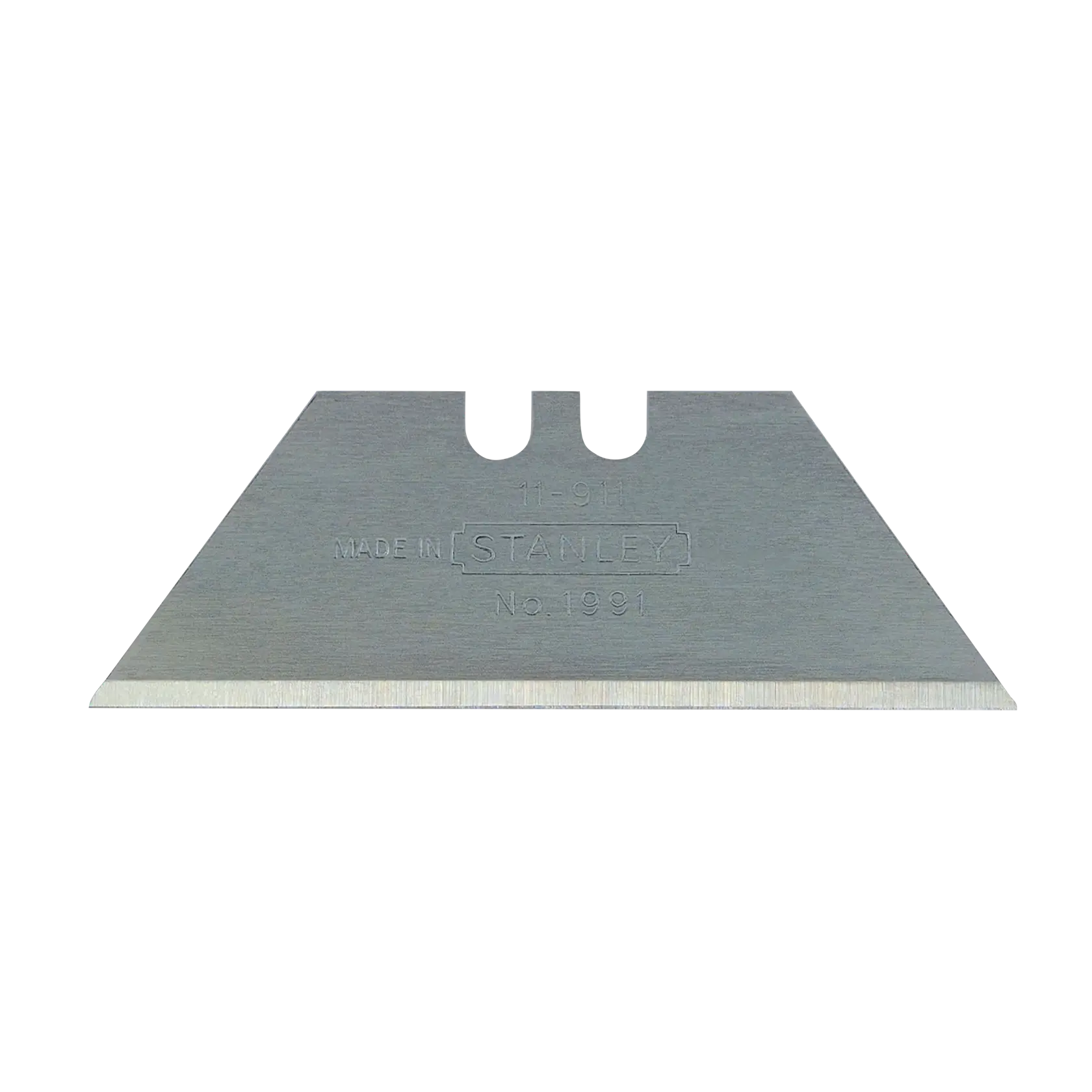 Cuchilla para cuchillo utilitario STANLEY, vista frontal sobre fondo blanco, acero plateado con filo afilado, modelo 1991