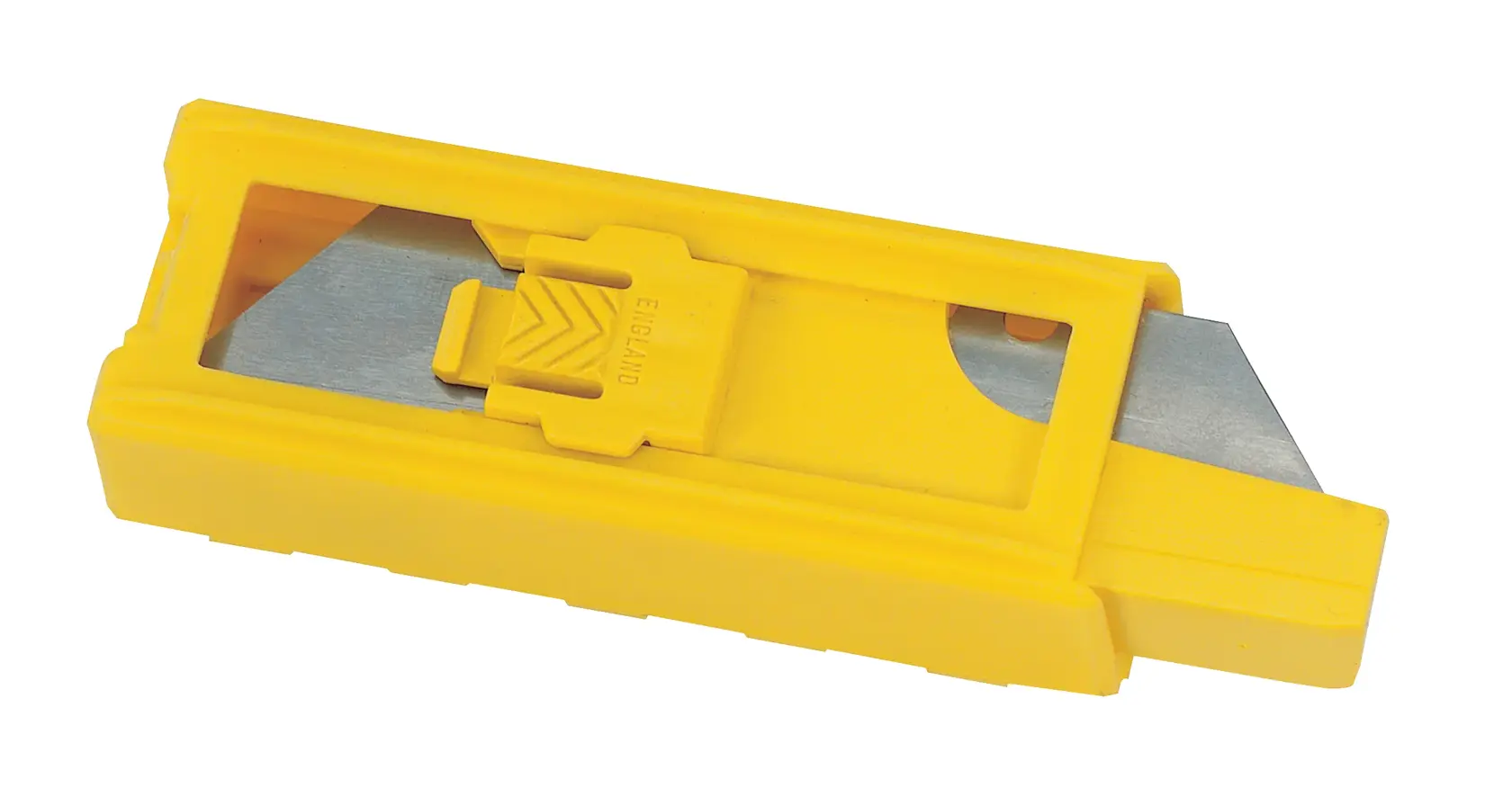 Dispensador de cuchillas para cutter Stanley 11-921, plástico amarillo, vista lateral, contiene cuchillas metálicas.