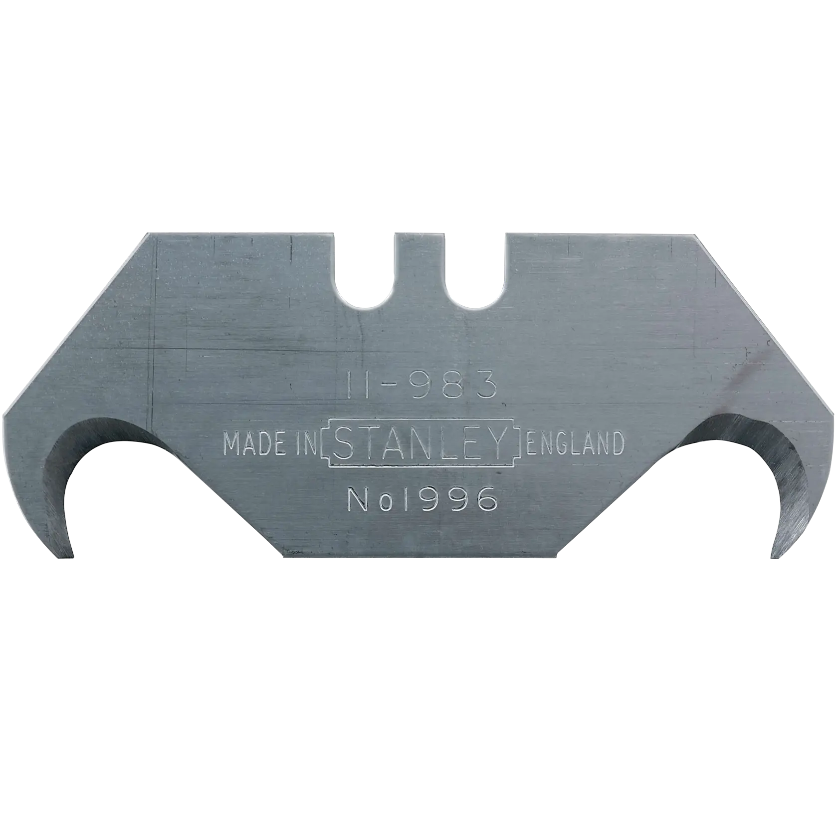 Cuchilla de repuesto Stanley para cuchillo de gancho, SKU 11-983, metal plateado, ángulo frontal sobre fondo blanco