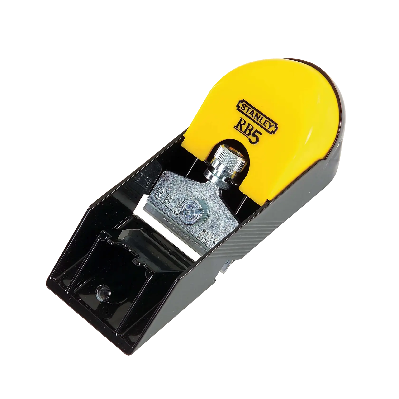 STANLEY 12-105 RB5 cepillo manual negro y amarillo, vista superior, cuchilla y perilla de ajuste visibles.